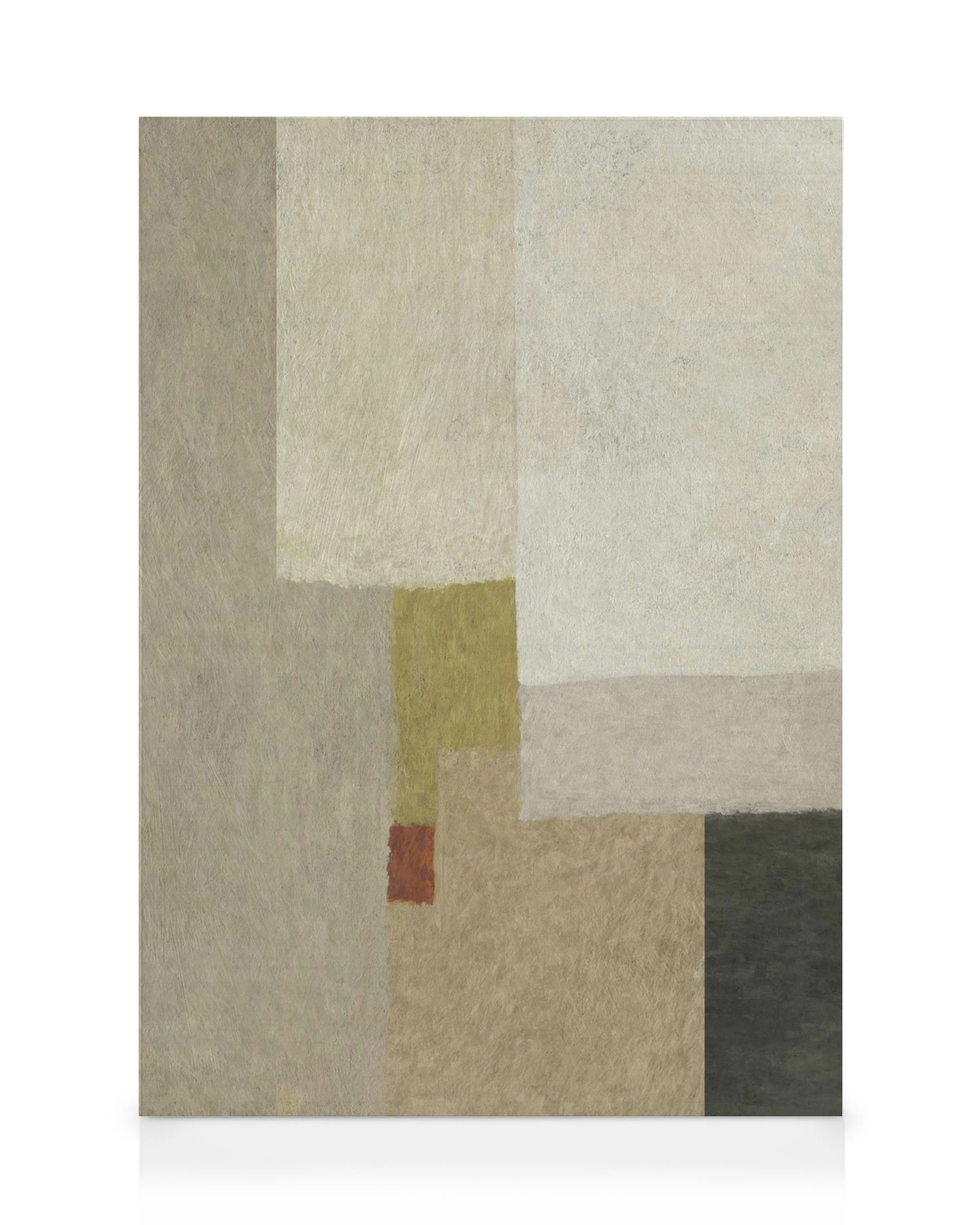 Lienzo abstracto con bloques de color beige, marrón, verde oliva y toques de terracota, creando una composición geométrica.