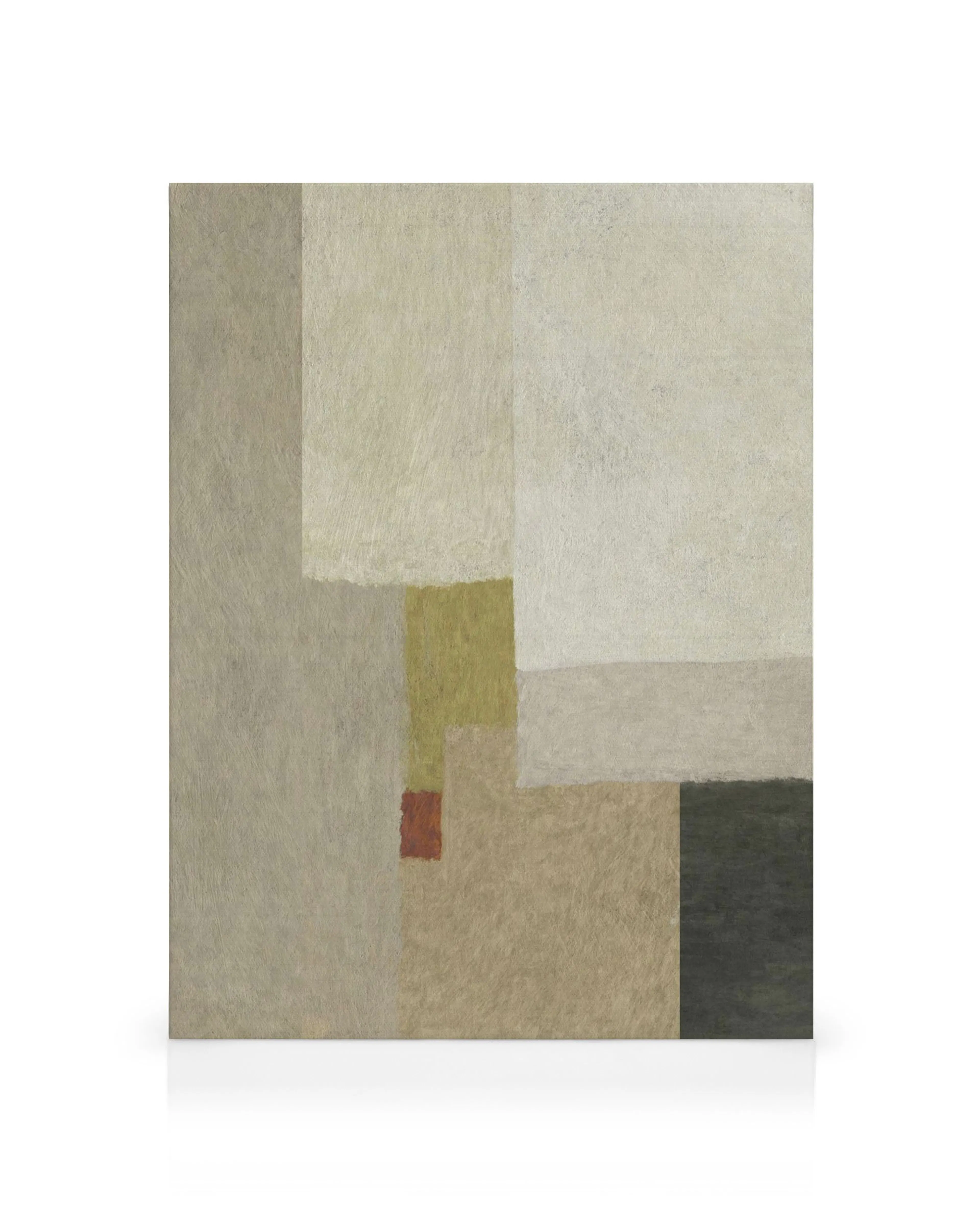 Abstract canvas met gelaagde, rechthoekige vormen in beige, bruin, grijs, groen en een vleugje roodbruin.