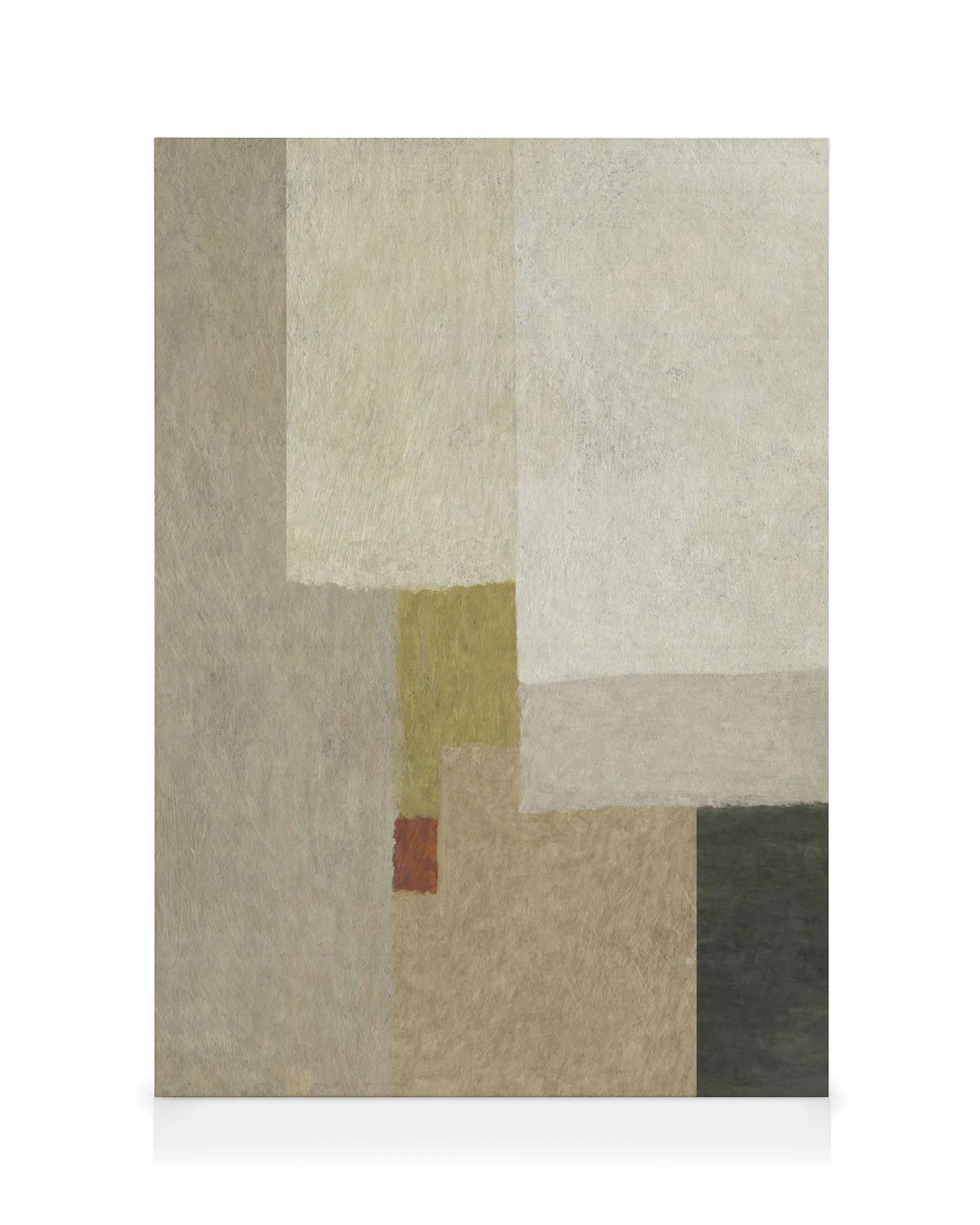 Leinwandbild mit abstrakten Rechtecken in Beige, Grau, Olivgrün und einem kleinen roten Akzent.
