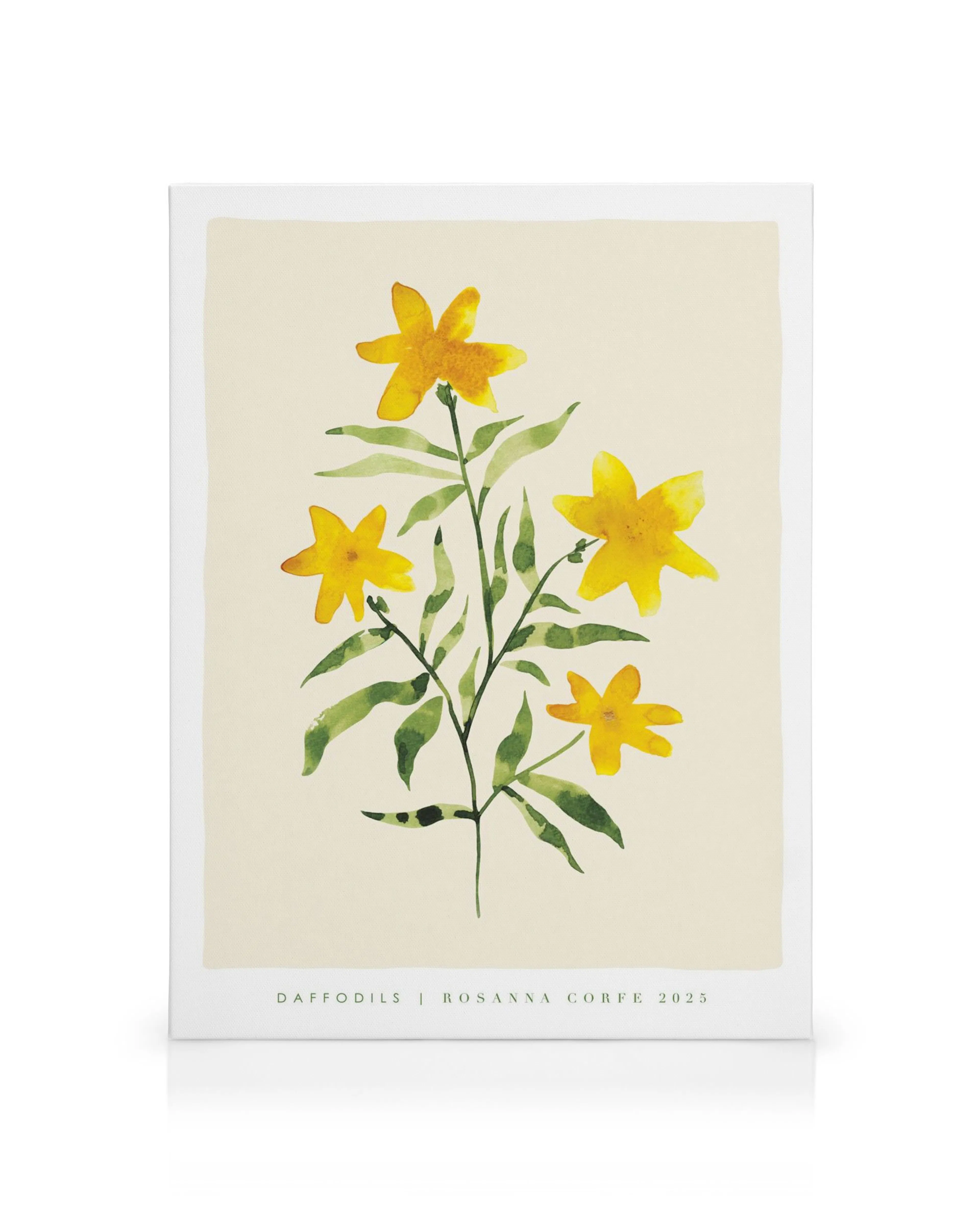 Tela decorativa com pintura aquarela de narcisos amarelos vibrantes com folhas verdes em fundo creme.