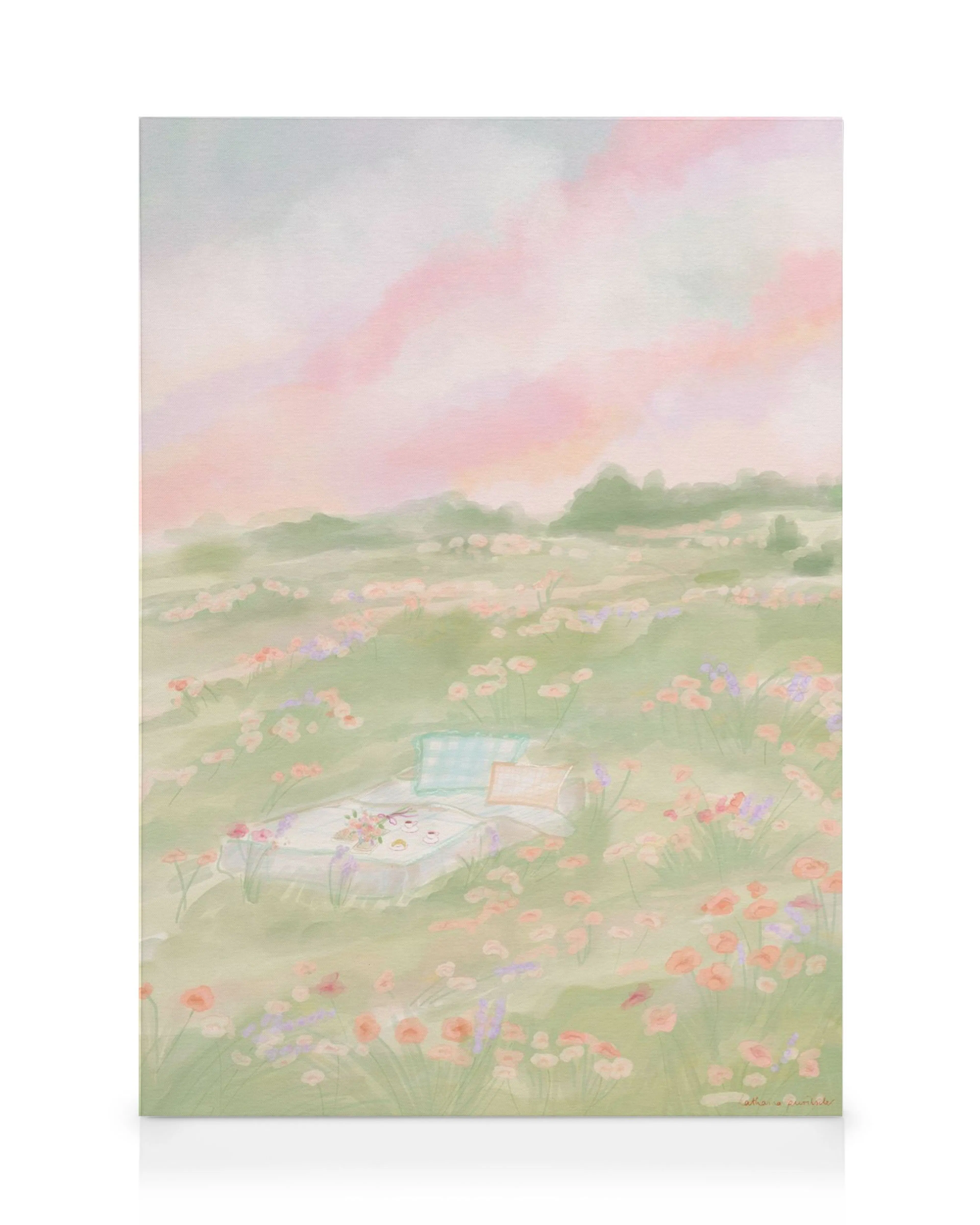 Romantisch canvas van een bloemenveld met picknickkleed en kussens onder een roze avondlucht.