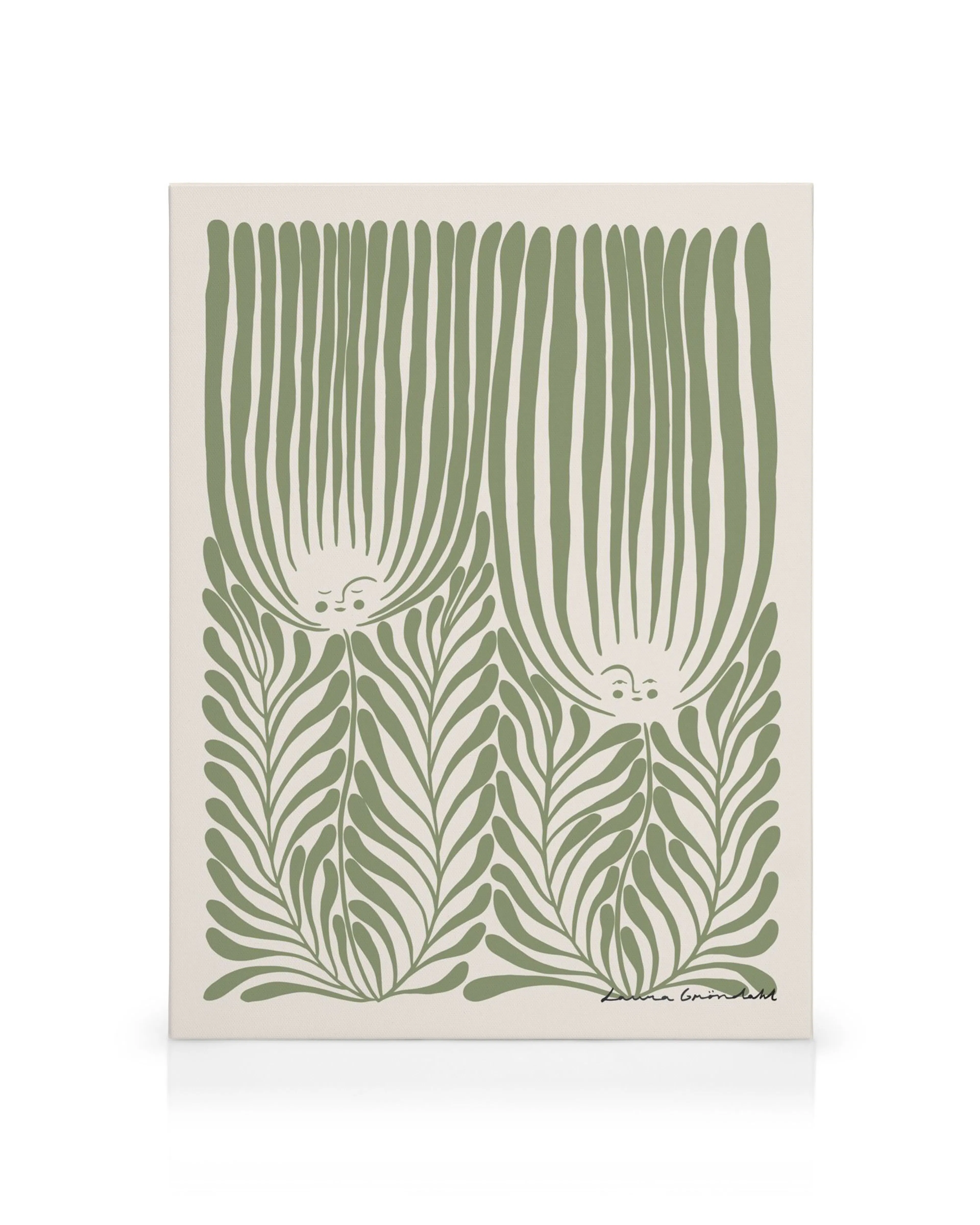 A canvas print featuring two smiling faces with long, flowing green hair and leafy bodies on a light background.