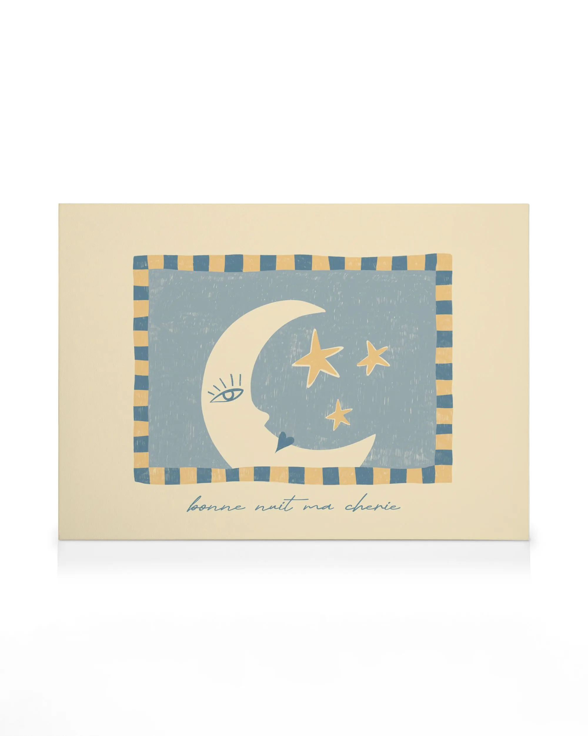 Stampa su tela con luna stilizzata e stelle su sfondo azzurro, con la scritta bonne nuit ma cherie.