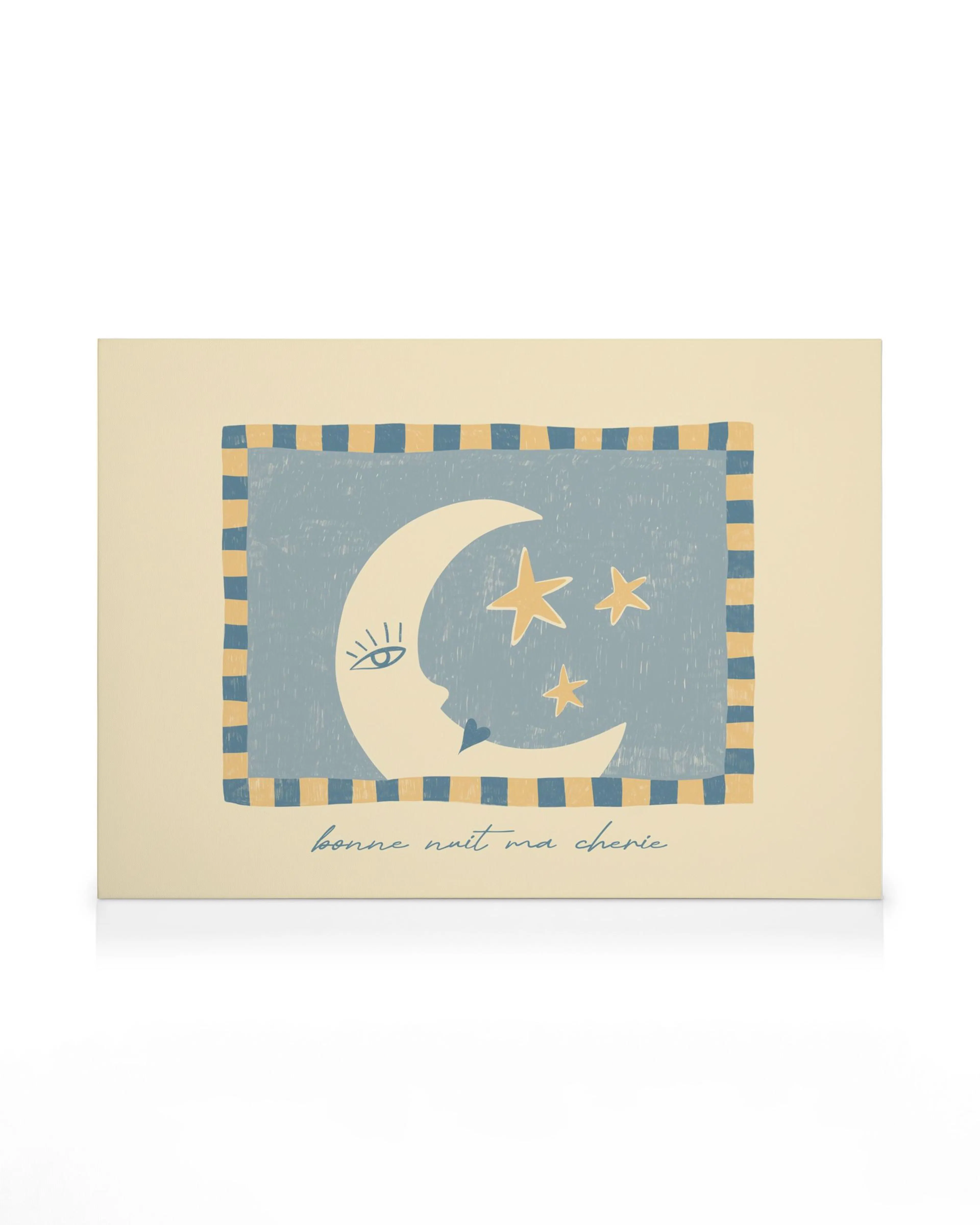 Stampa su tela con luna stilizzata e stelle su sfondo azzurro, con la scritta bonne nuit ma cherie.