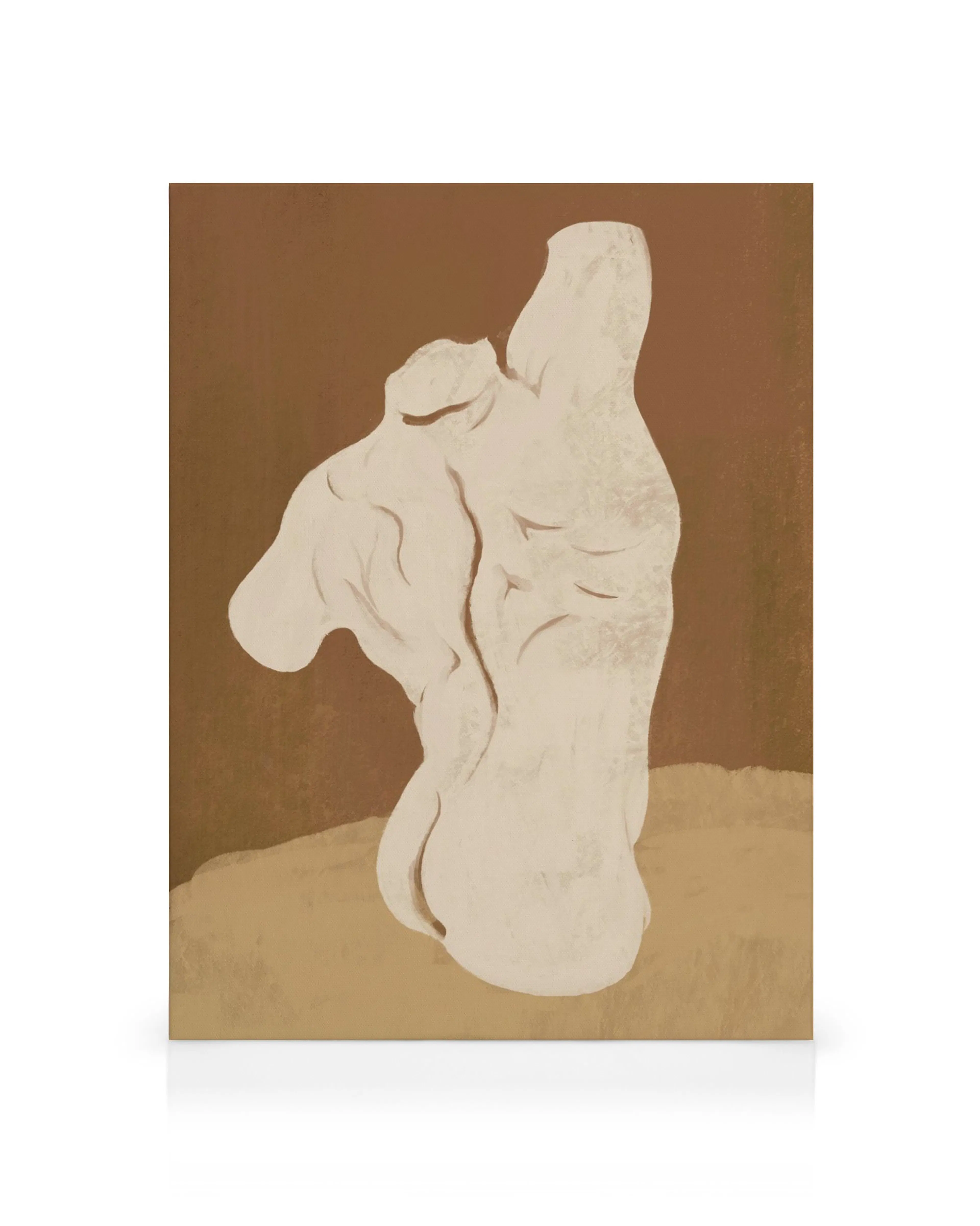 A canvas print featuring an off-white, abstract figure resembling a torso, on a textured brown and beige background.