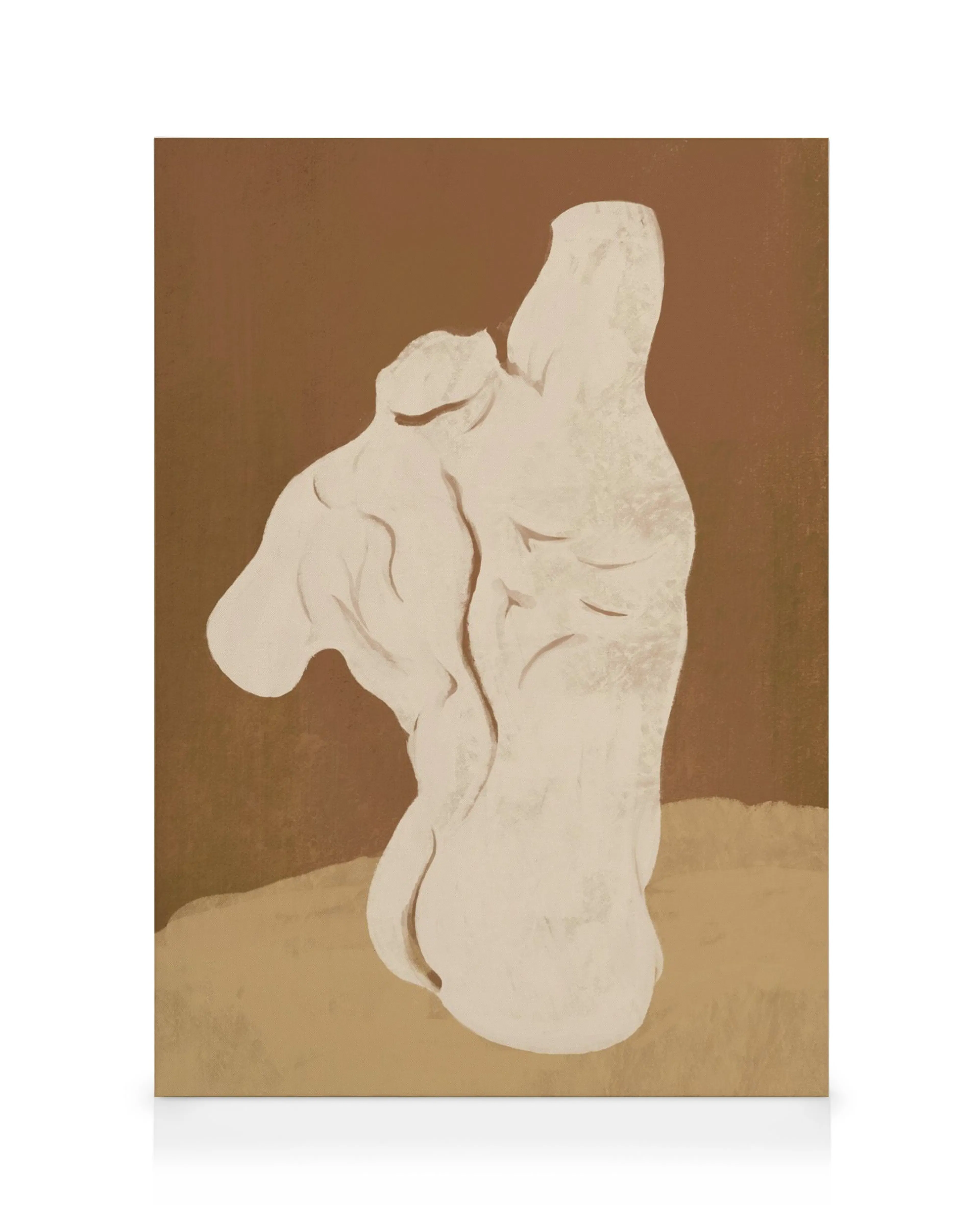 A canvas print of a cream-colored abstract torso sculpture against a warm earthy brown background.