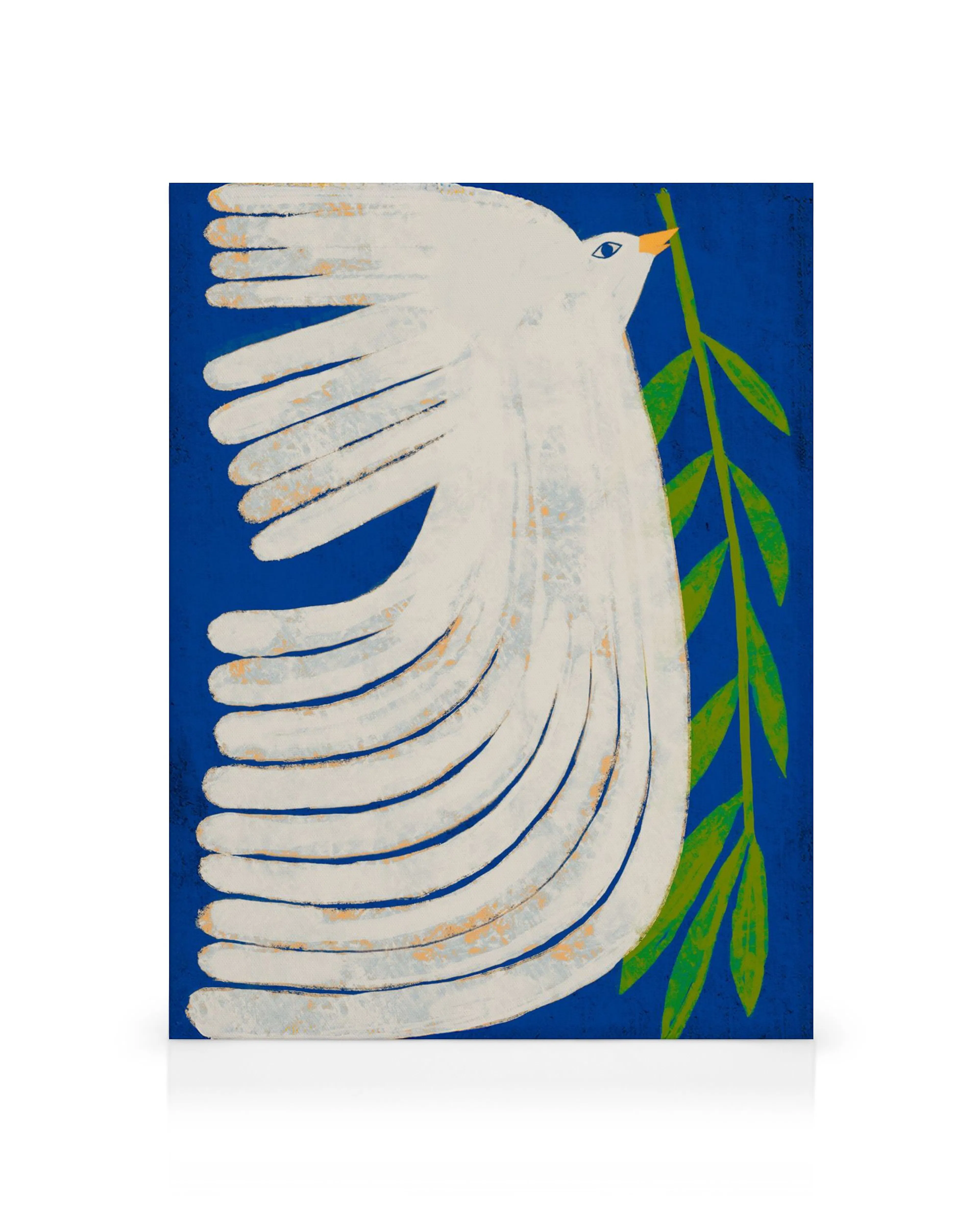 Wit vredesduif canvas met olijftak op een donkerblauwe achtergrond.