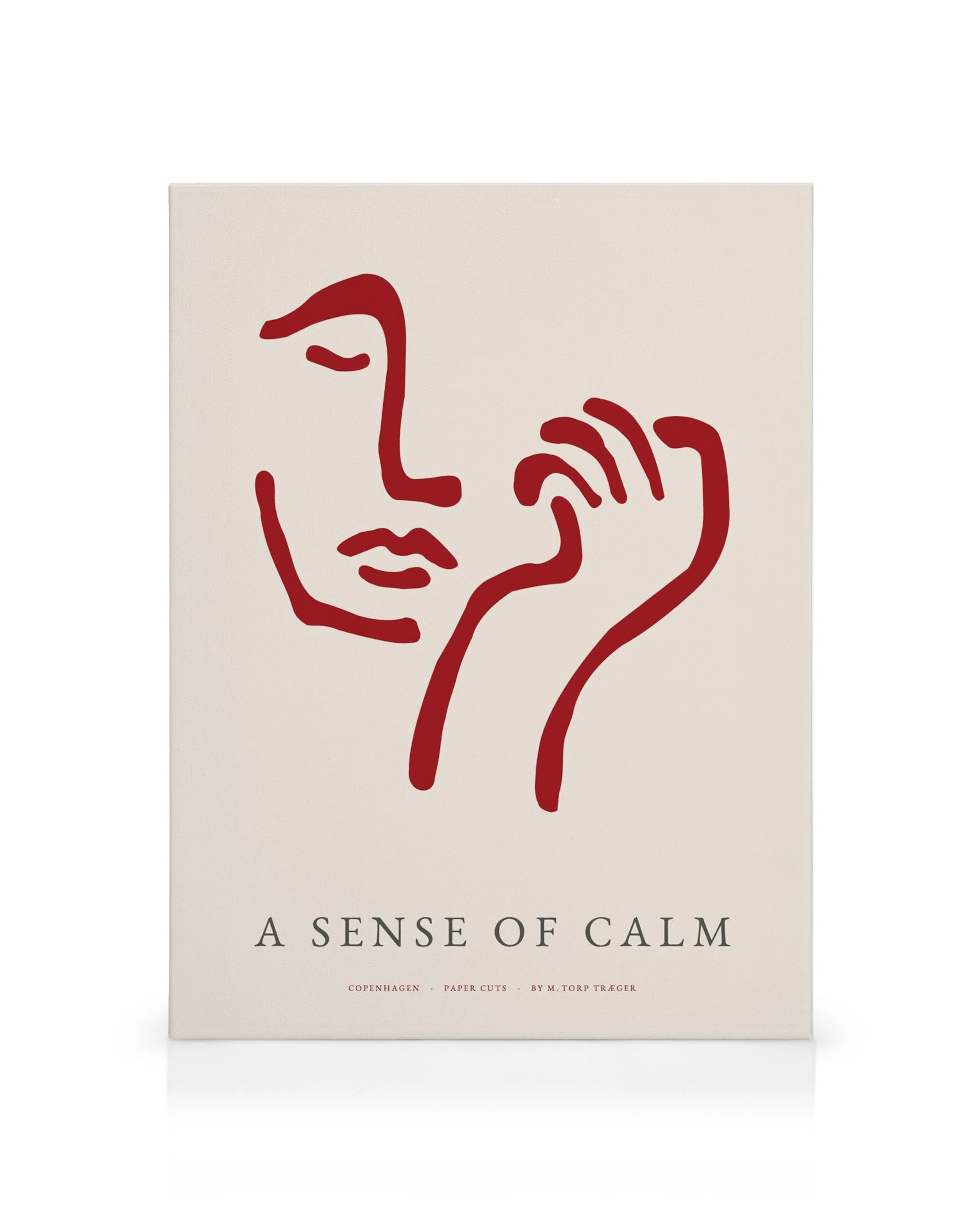 A canvas print featuring a minimalist red outline of a persons face with eyes closed and hand resting on the chin, on a cream ba