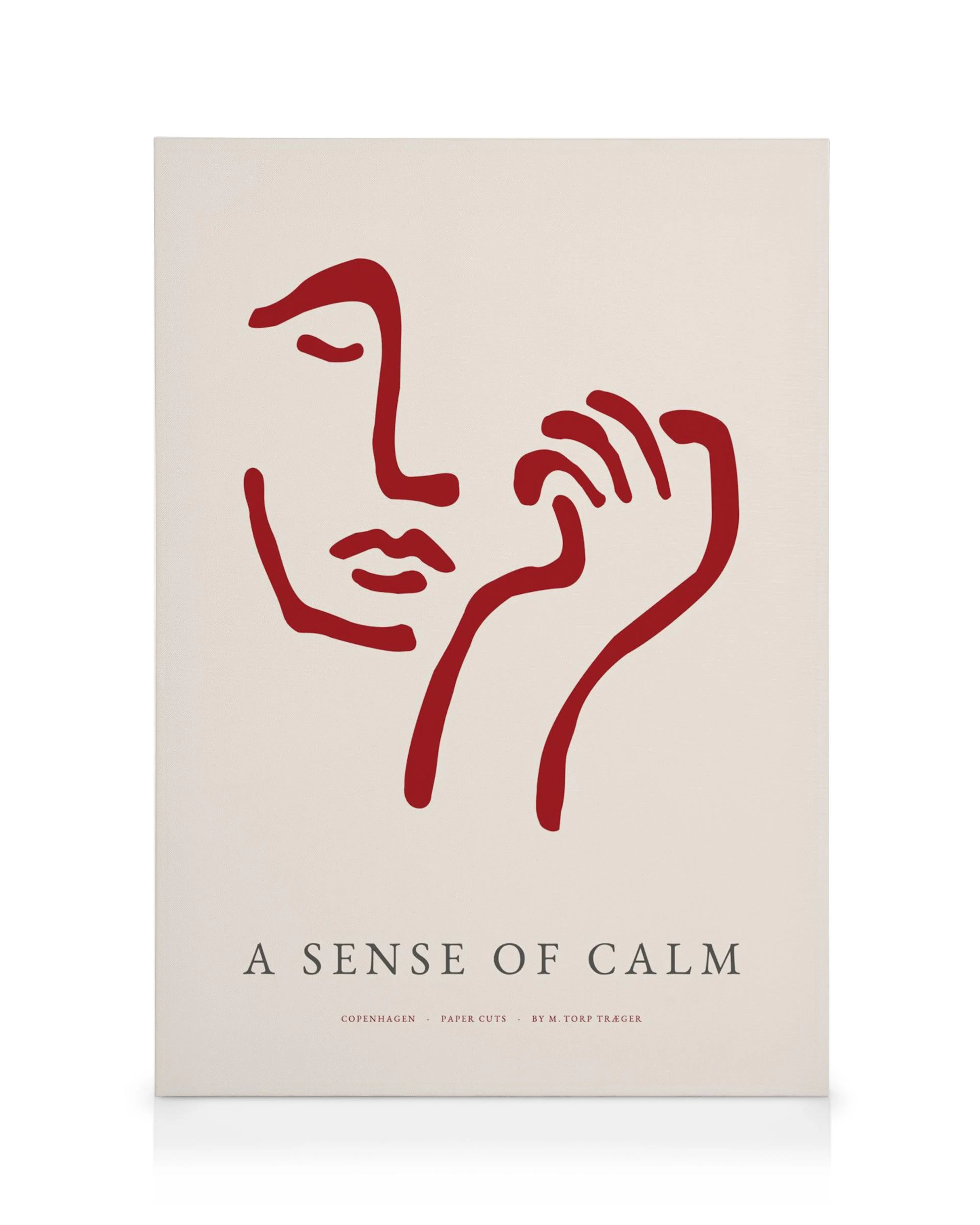 Toile murale minimaliste dun visage abstrait rouge sur fond crème, avec linscription A SENSE OF CALM.