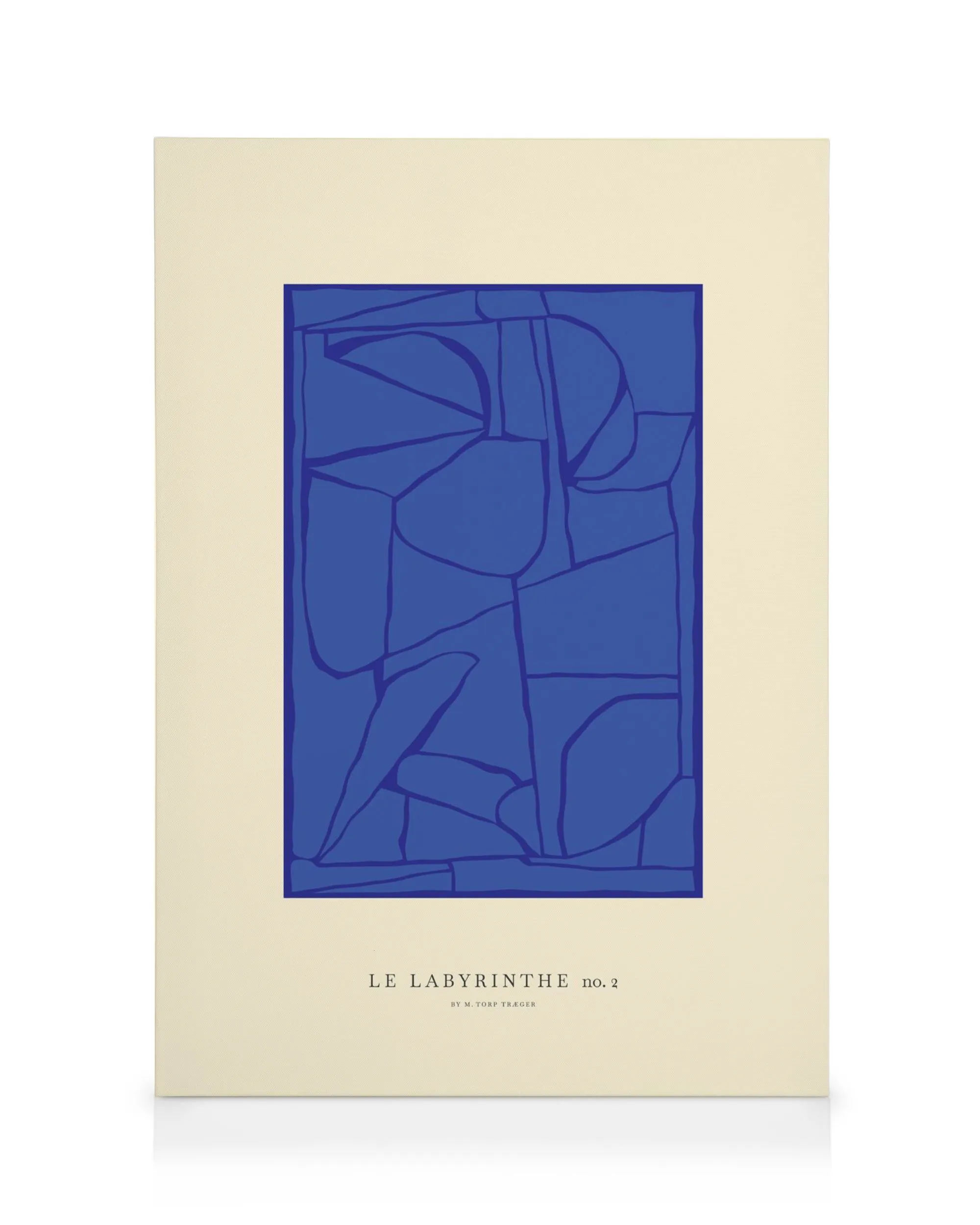 A canvas print featuring a blue labyrinth design with organic shapes and lines on a cream background.