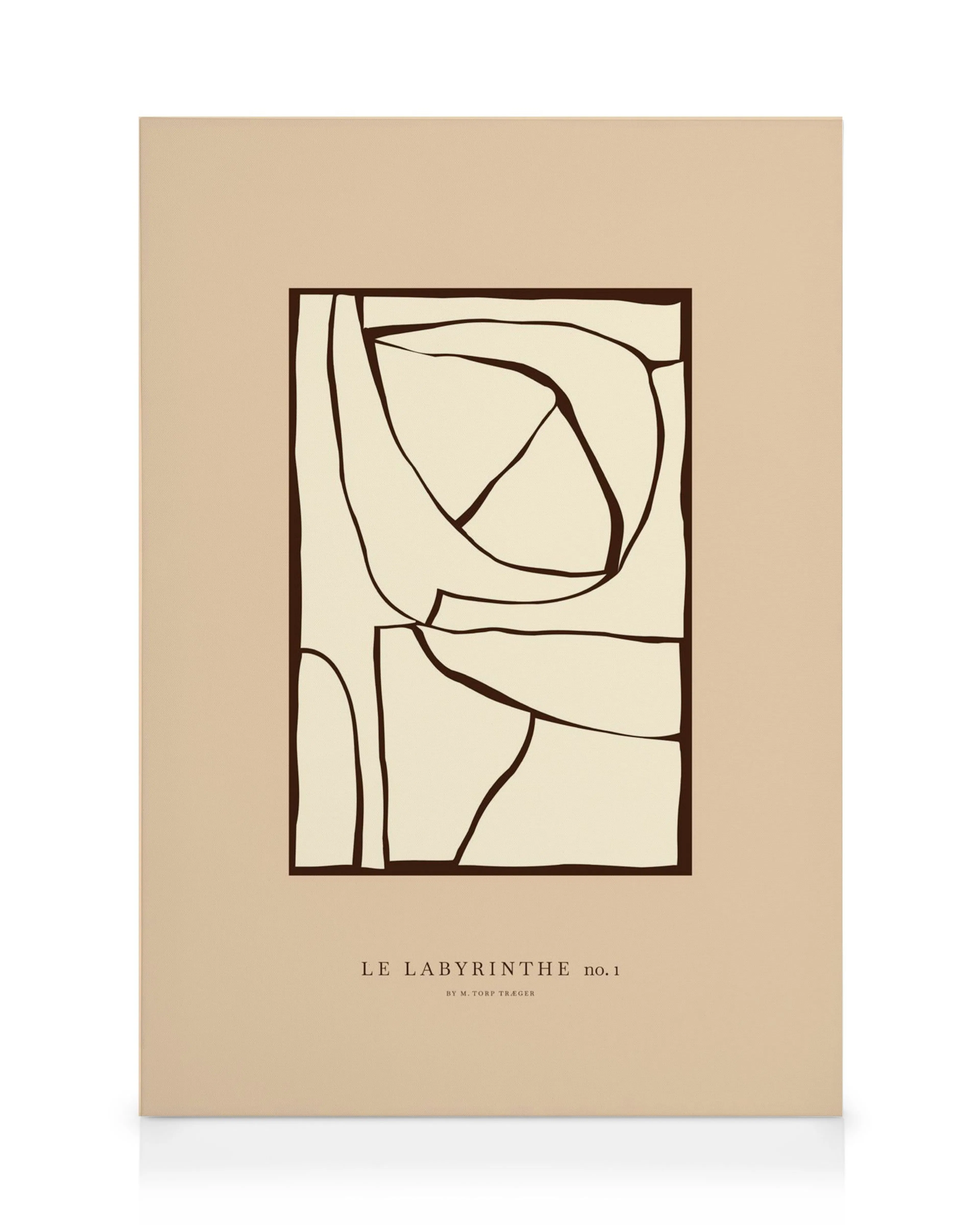 Lienzo abstracto con formas orgánicas marrones sobre fondo beige, titulado Le Labyrinthe no. 1.