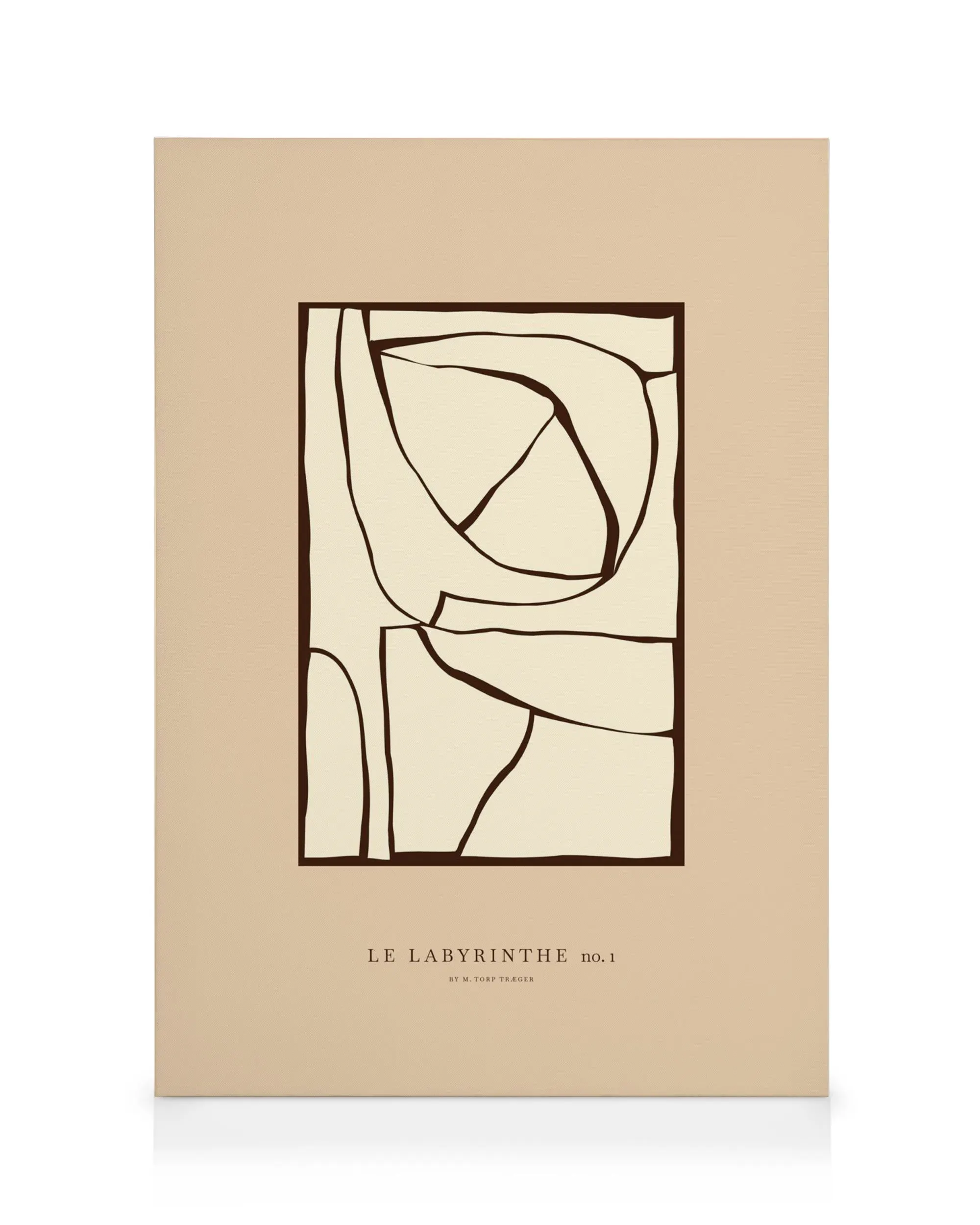 Lienzo con diseño abstracto minimalista en tonos beige y marrón oscuro, presentando formas orgánicas y líneas fluidas.