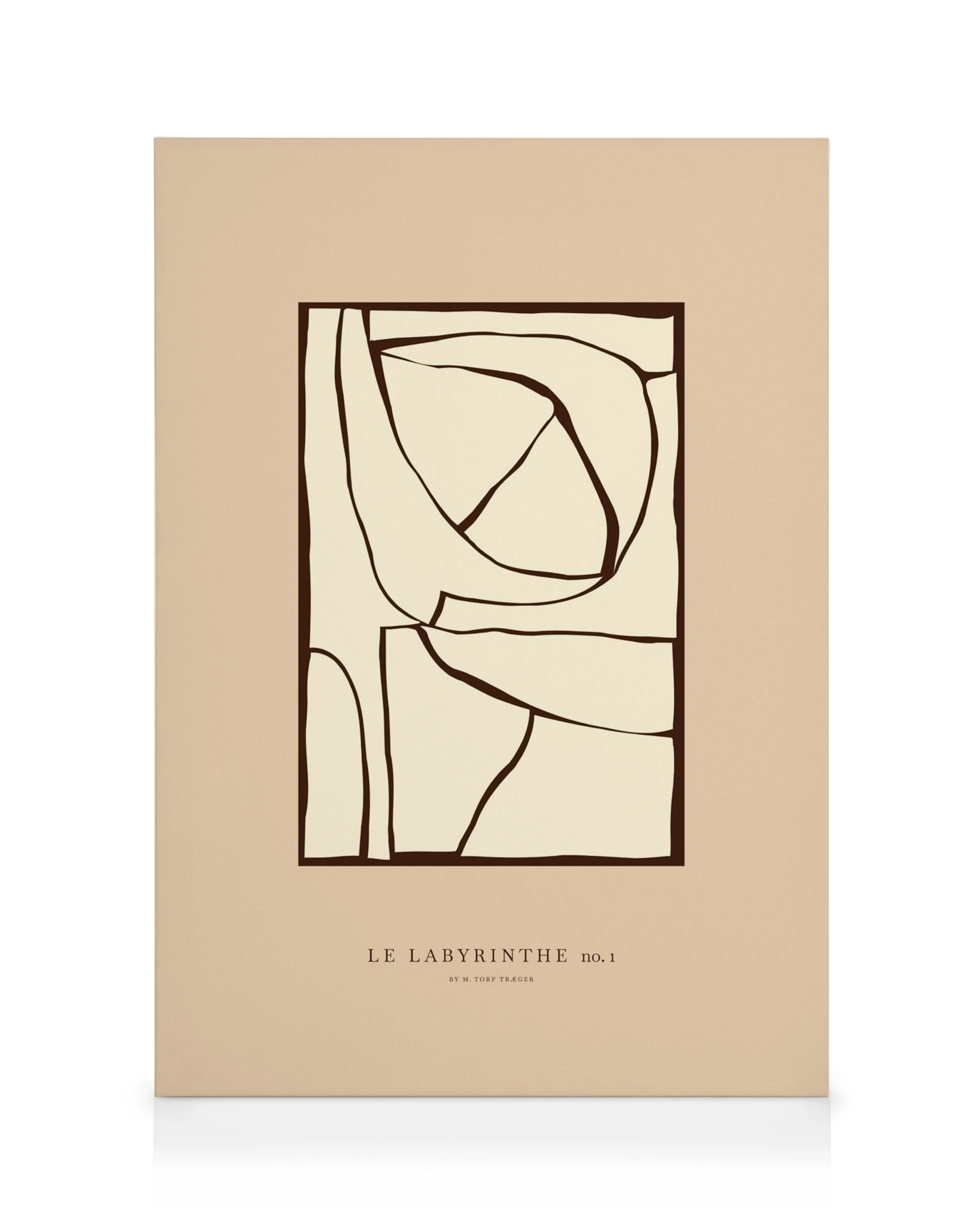 A canvas print featuring an abstract design with dark brown organic lines on a beige background, with text LE LABYRINTHE no. 1.