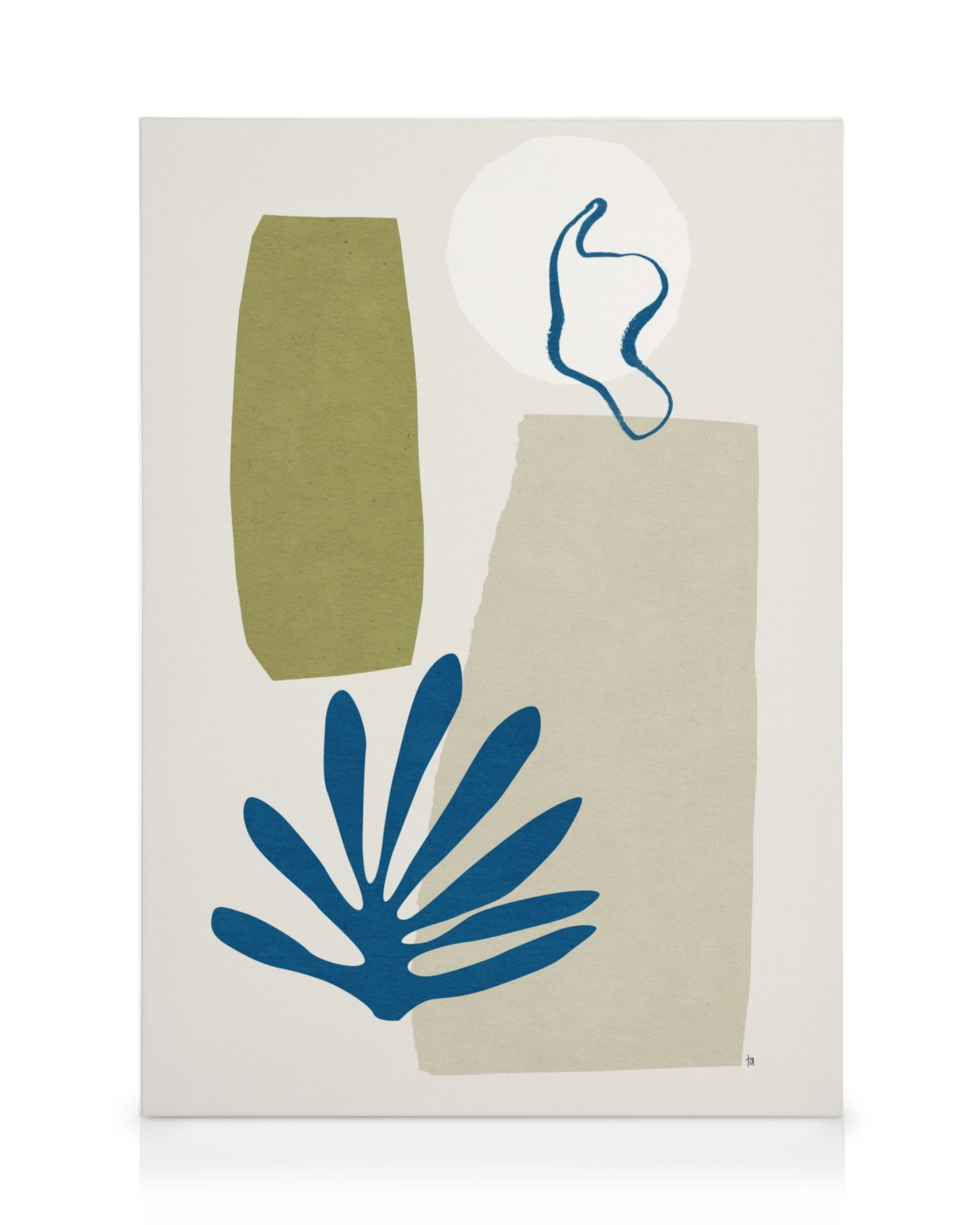 Lienzo abstracto con formas orgánicas en tonos verde oliva, azul, gris, beige y blanco.