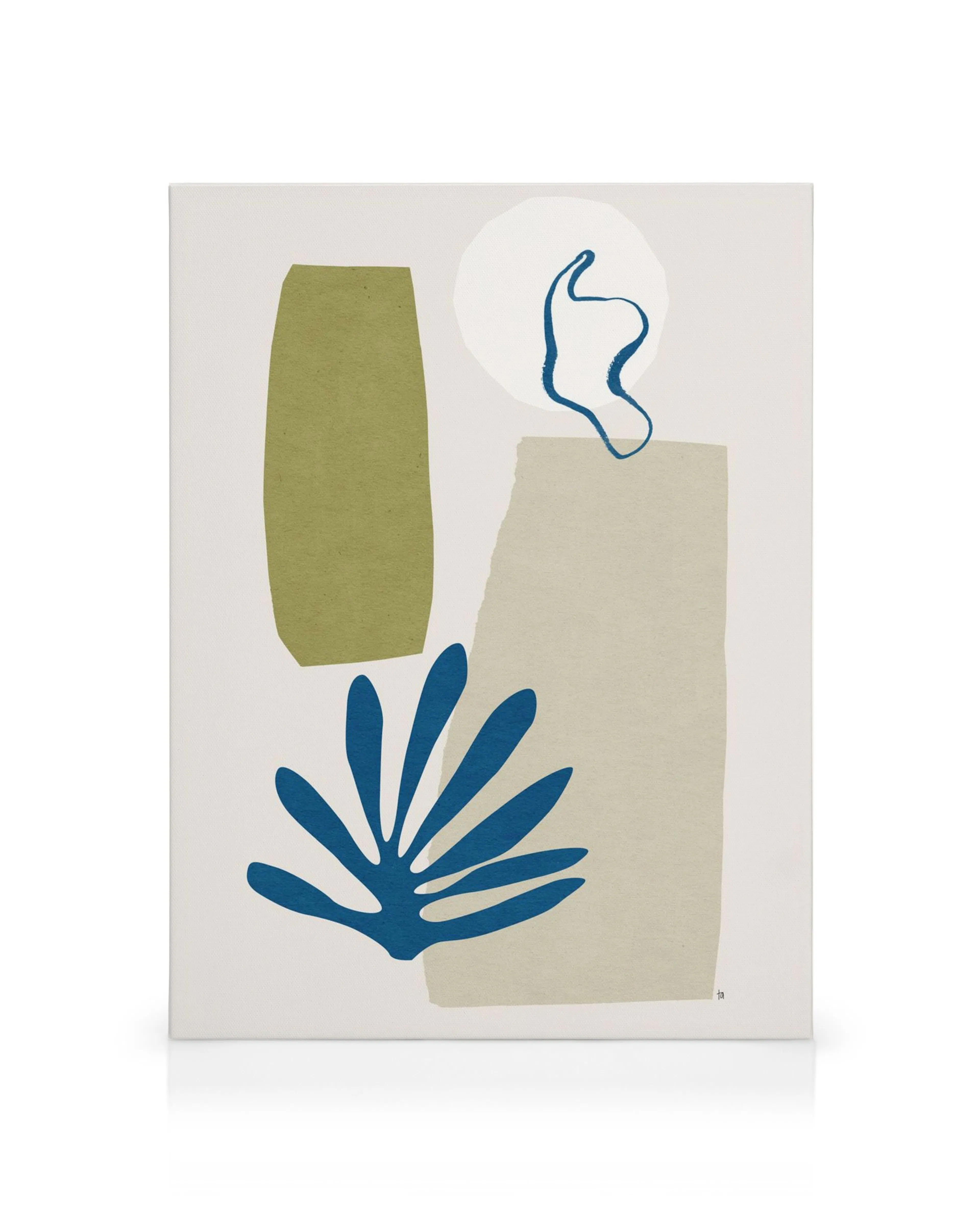 A canvas print featuring abstract shapes in olive green, beige, and blue, with a white circle and flowing lines.