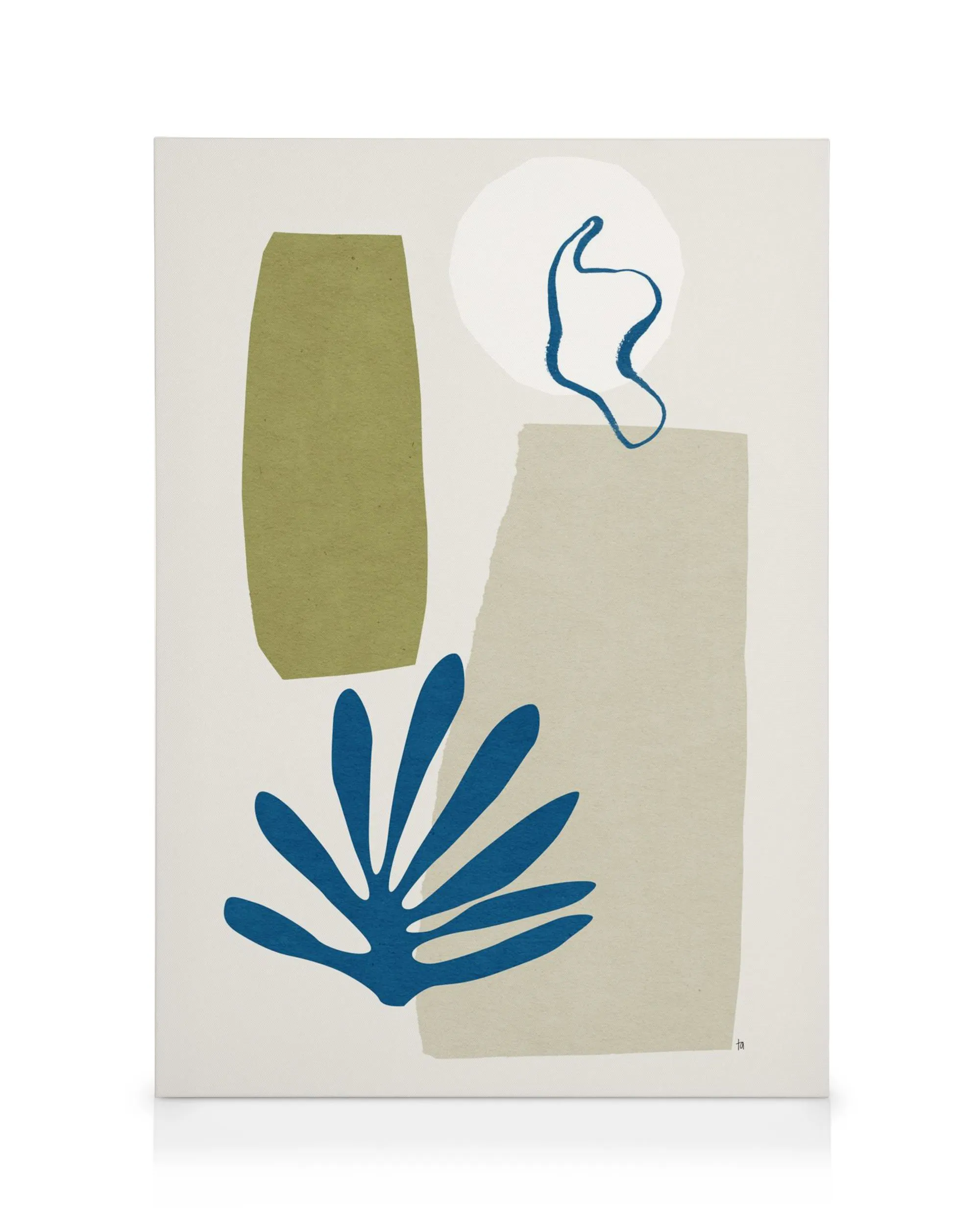 A canvas print featuring abstract sage green, beige, and blue organic shapes with a white circle background.