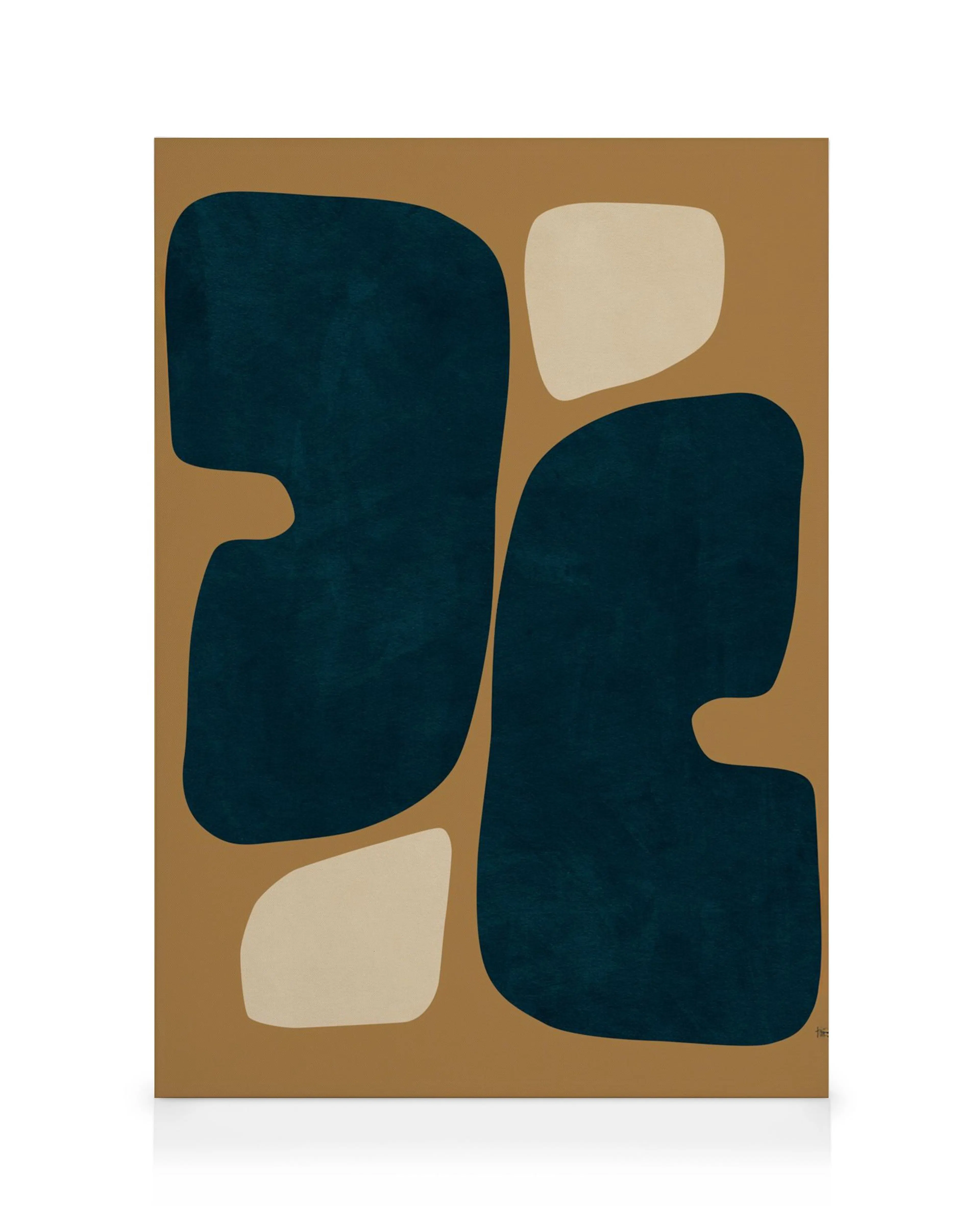 Toile abstraite avec des formes organiques bleu marine et beige sur un fond marron.