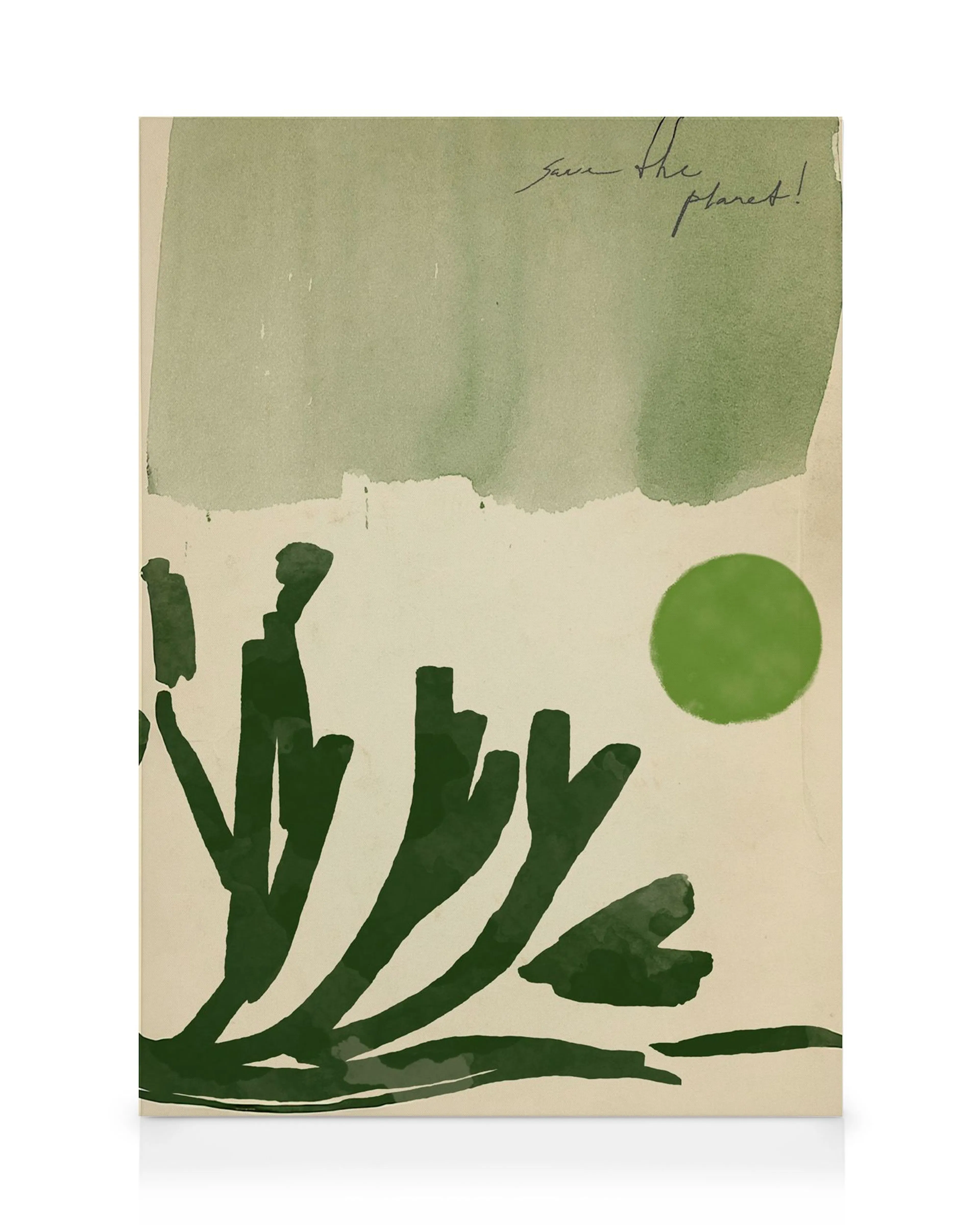 Lienzo con diseño abstracto de hojas verdes oscuro, un círculo verde y un fondo beige con salpicaduras verdes, con la frase Save