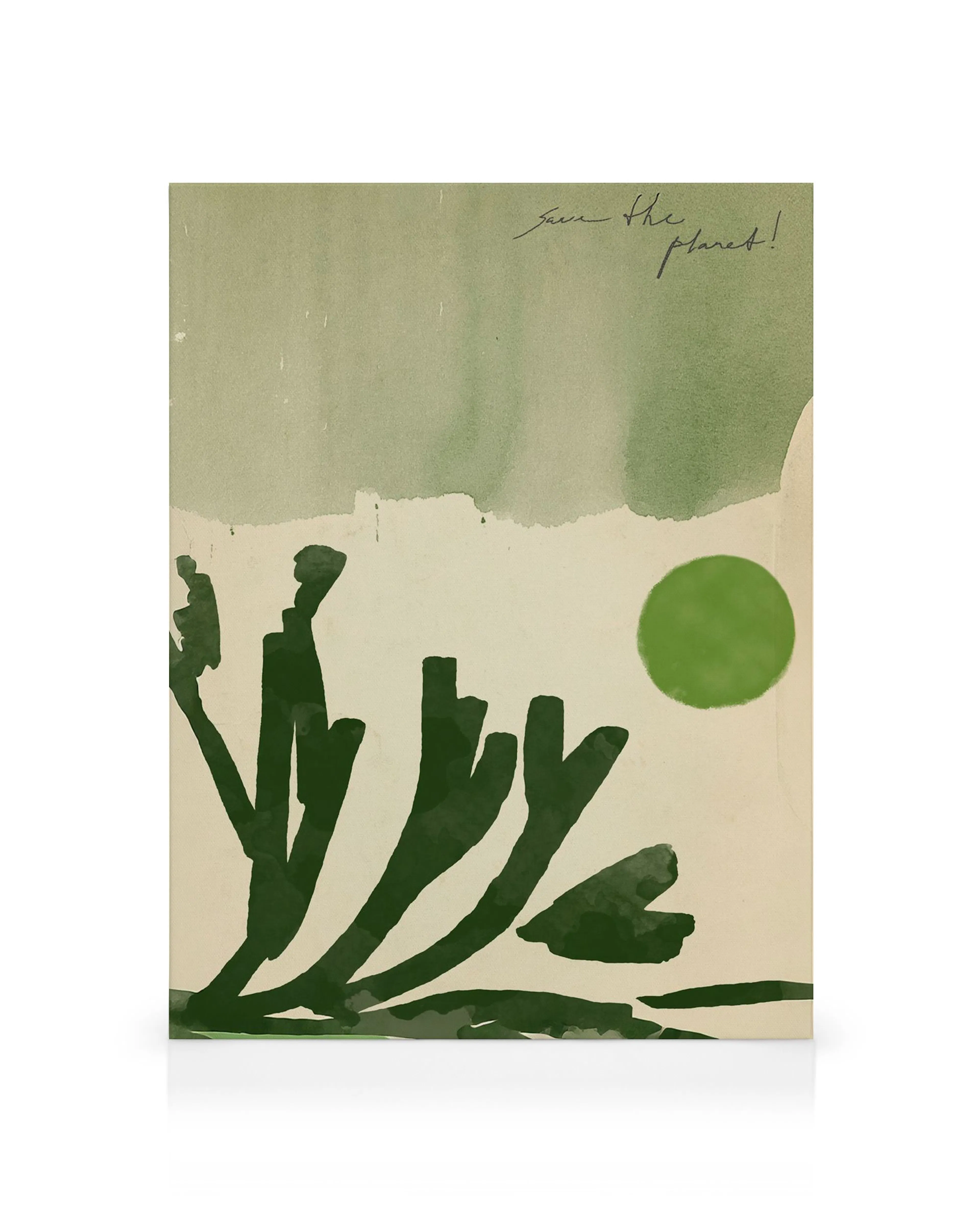 Stampa su tela con unillustrazione astratta verde di piante e un sole su sfondo beige, con la scritta Save the planet!.