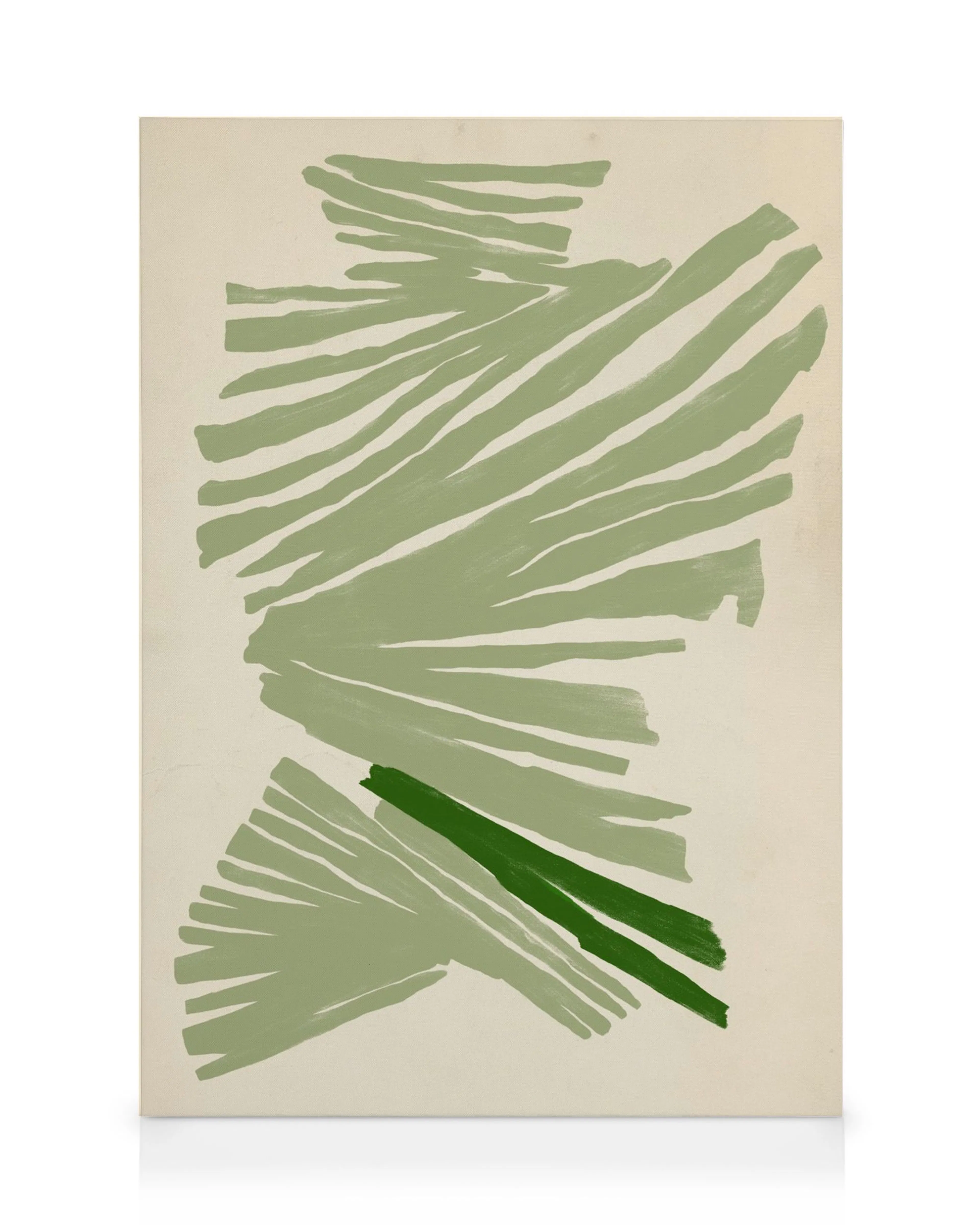 Stampa su tela con pennellate orizzontali e diagonali verde salvia, con due strisce verde scuro intenso in basso.