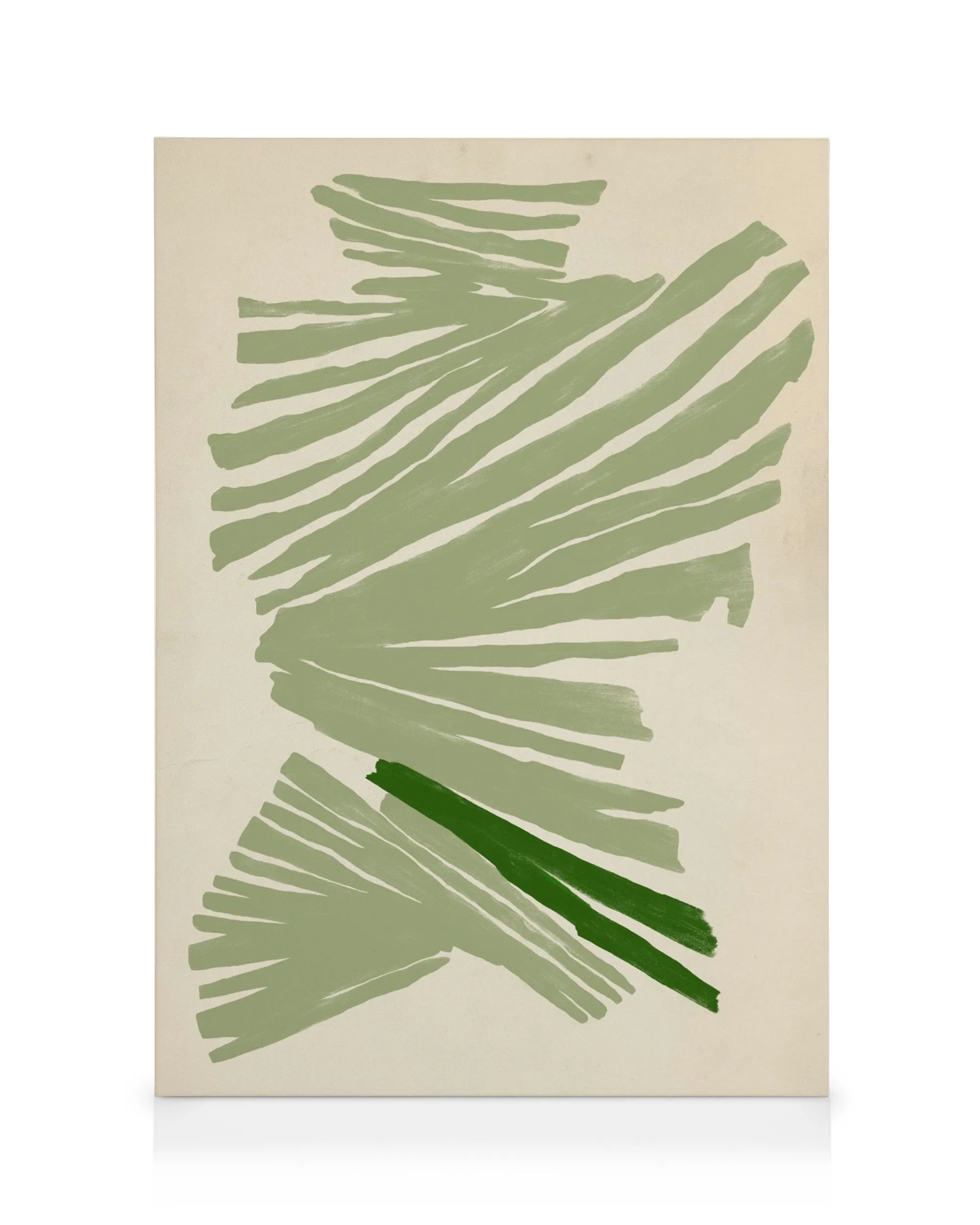 Een canvas met abstracte, lichtgroene en donkergroene strepen op een crèmekleurige achtergrond.