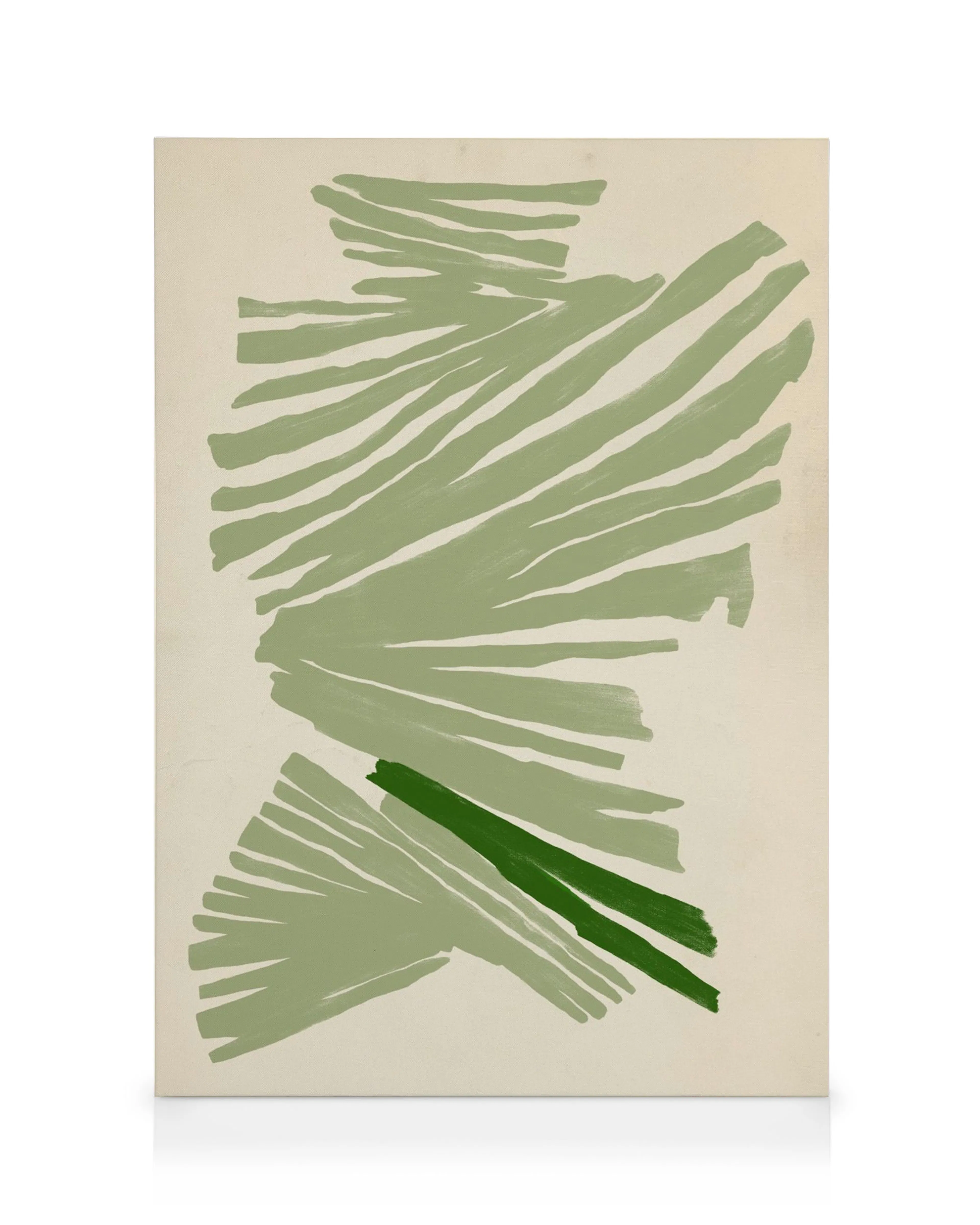 Een canvas met abstracte, lichtgroene en donkergroene strepen op een crèmekleurige achtergrond.