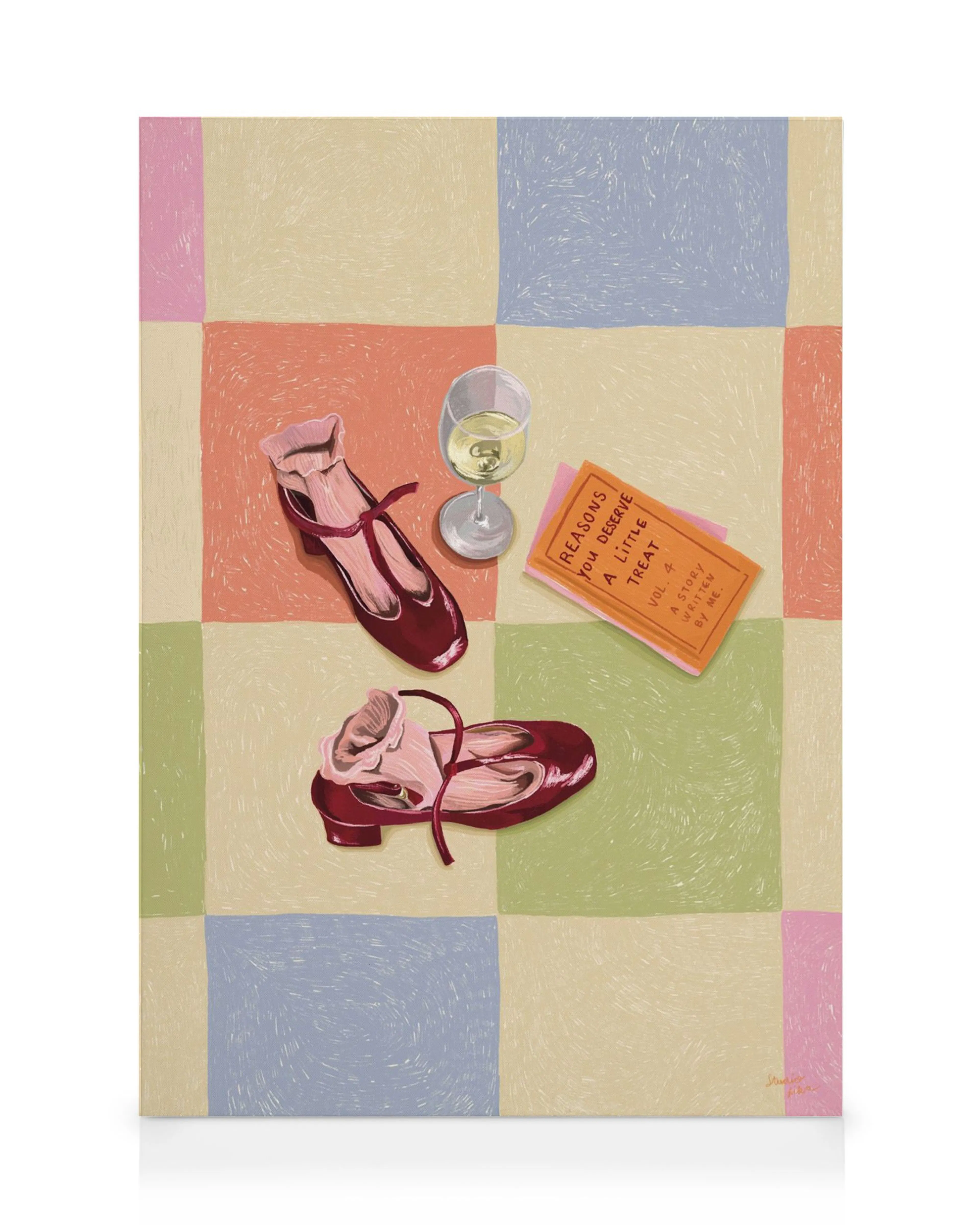 Lienzo con zapatos de tacón burdeos, una copa de vino y un libro naranja sobre un fondo a cuadros pastel.