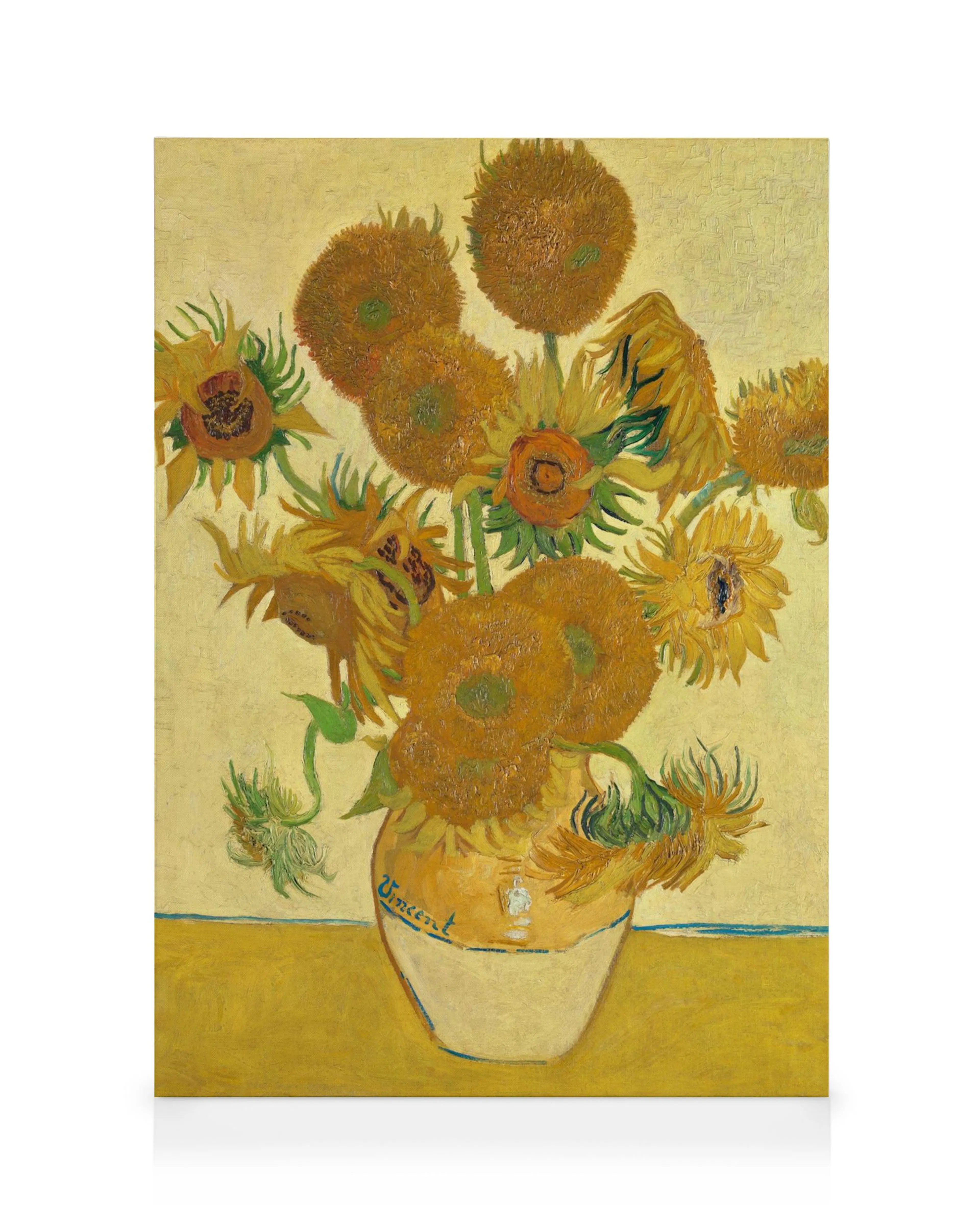 Van Goghs Sunflowers canvas, featuring a vibrant floral still life painting with sunflowers in a vase, ideal for home decor.