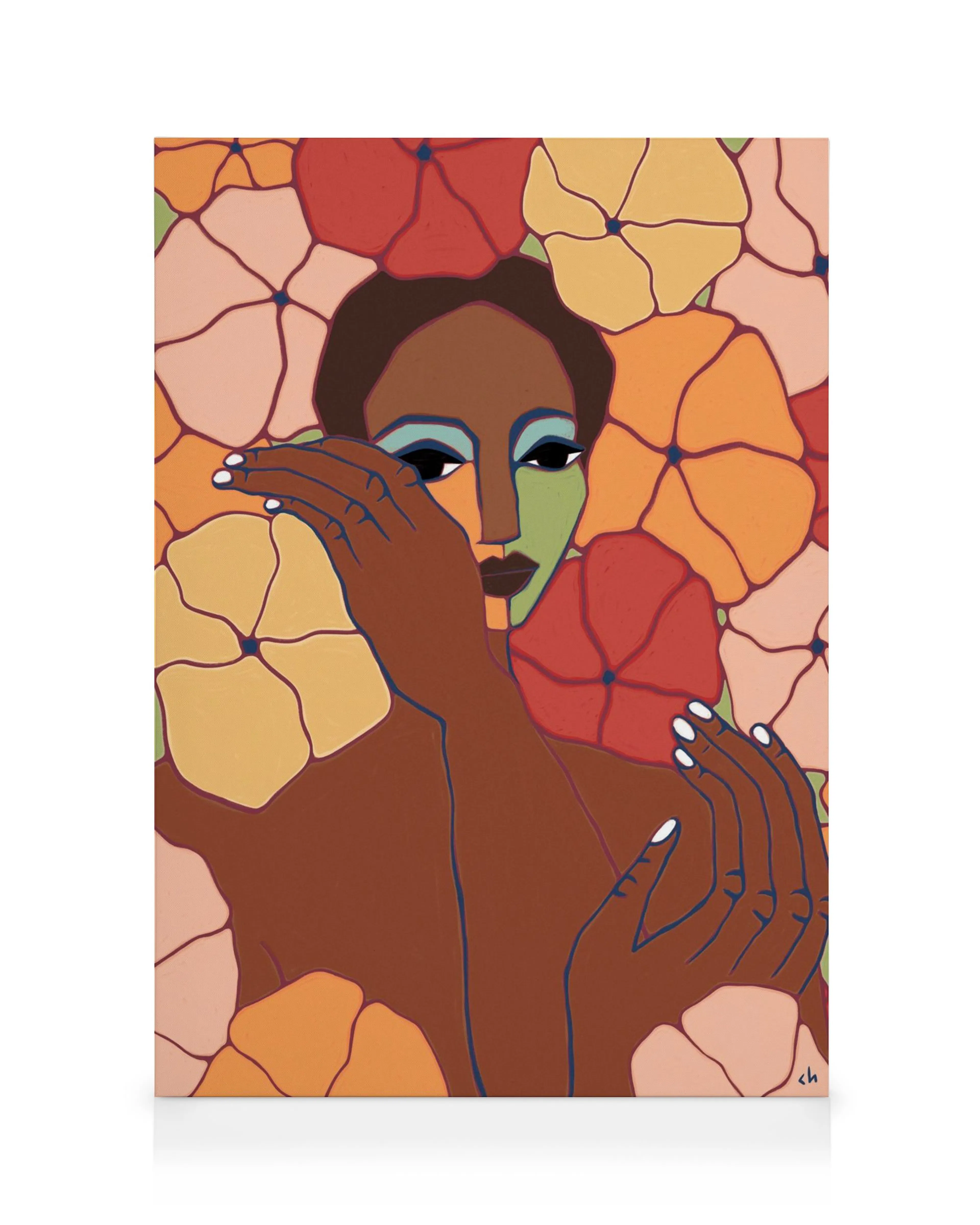 Cortney Herrons Beautiful Chaos canvas print with a womans face and hands surrounded by colorful flowers.