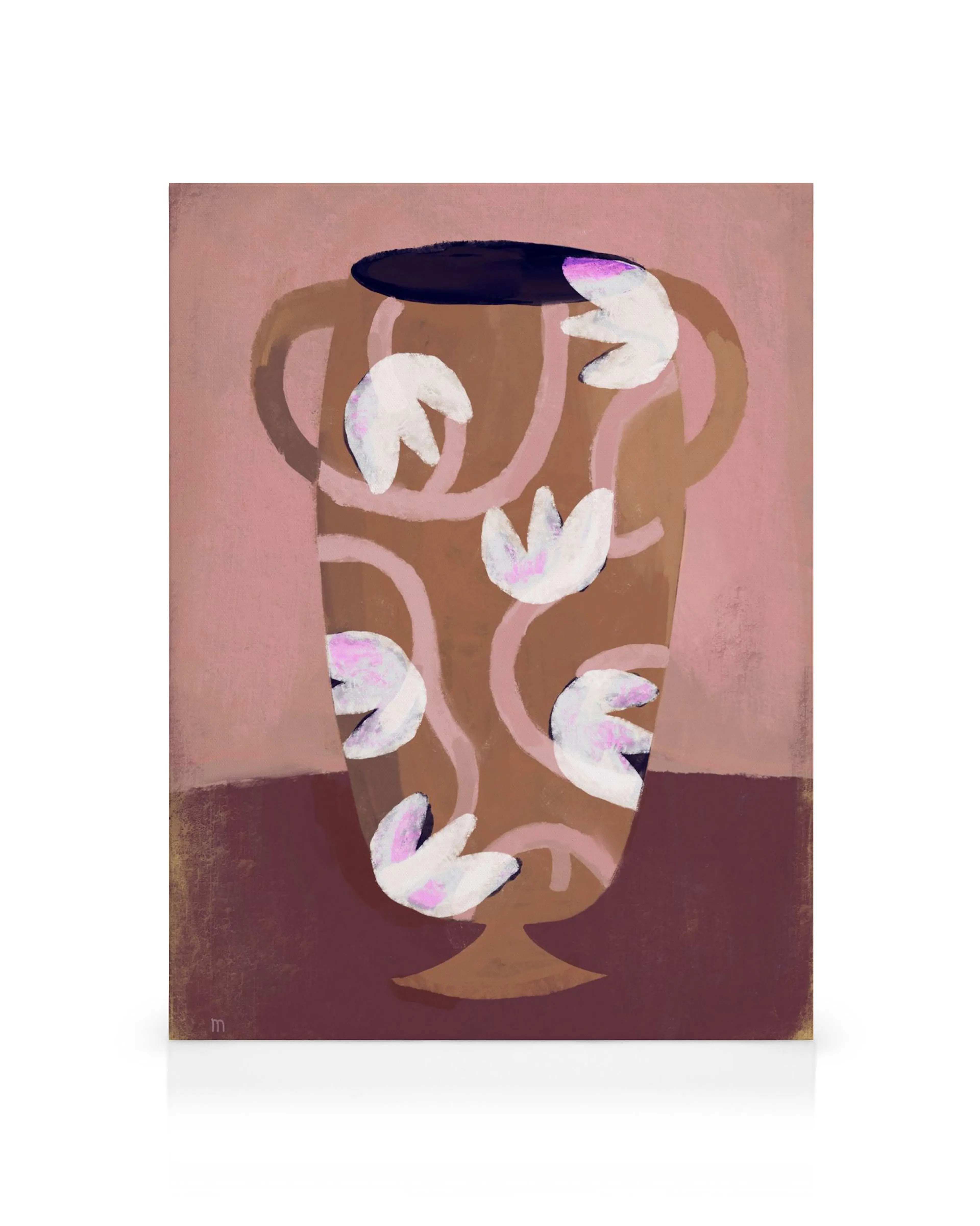 Gemalte braune Vase mit rosa Schnörkeln und weissen Blüten auf rosa Hintergrund