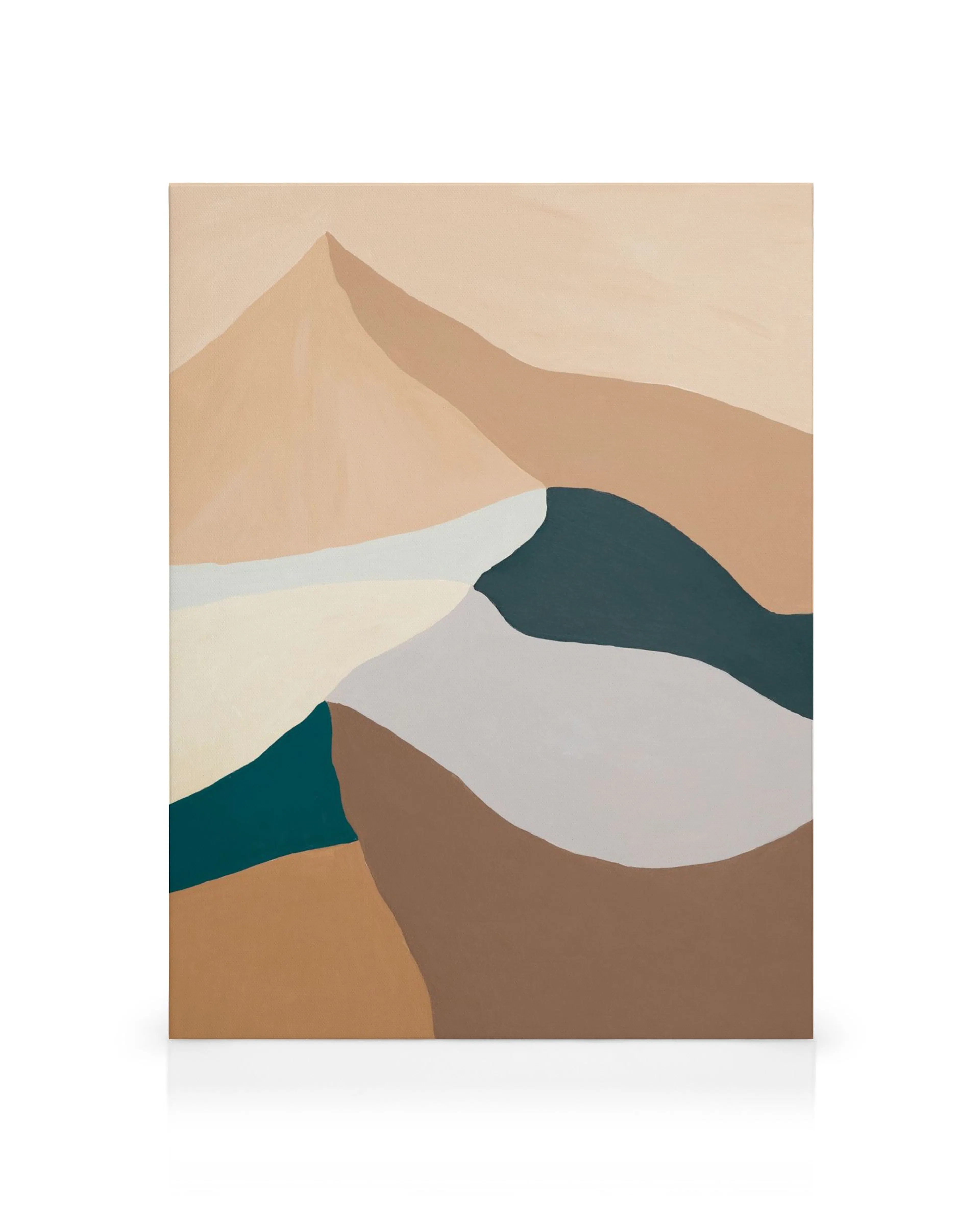 Abstract mountain landscape canvas print with soft brown, beige, white, and green shapes.