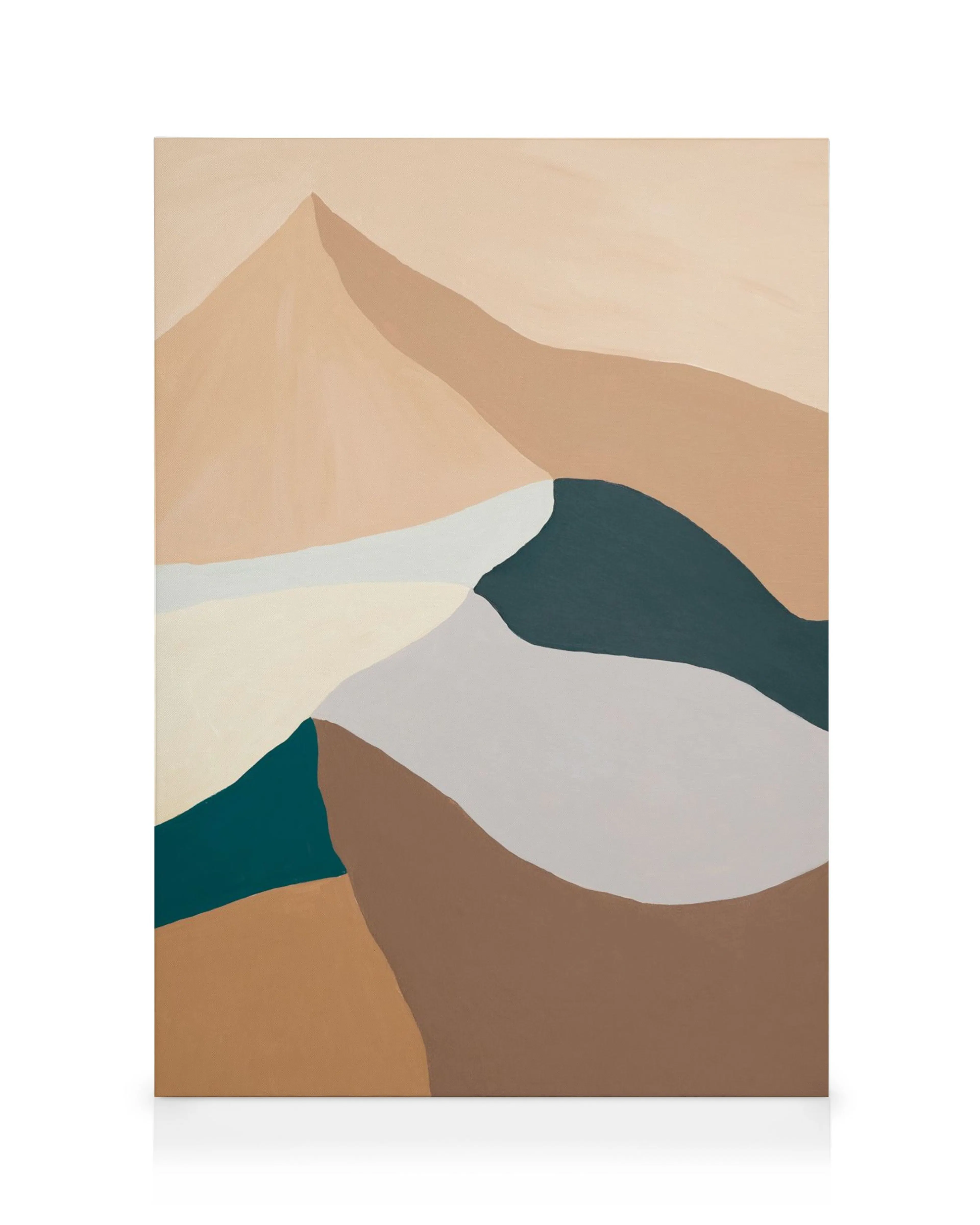 Lienzo de montaña moderno con formas abstractas en tonos marrones, beige, blanco y verde oscuro.