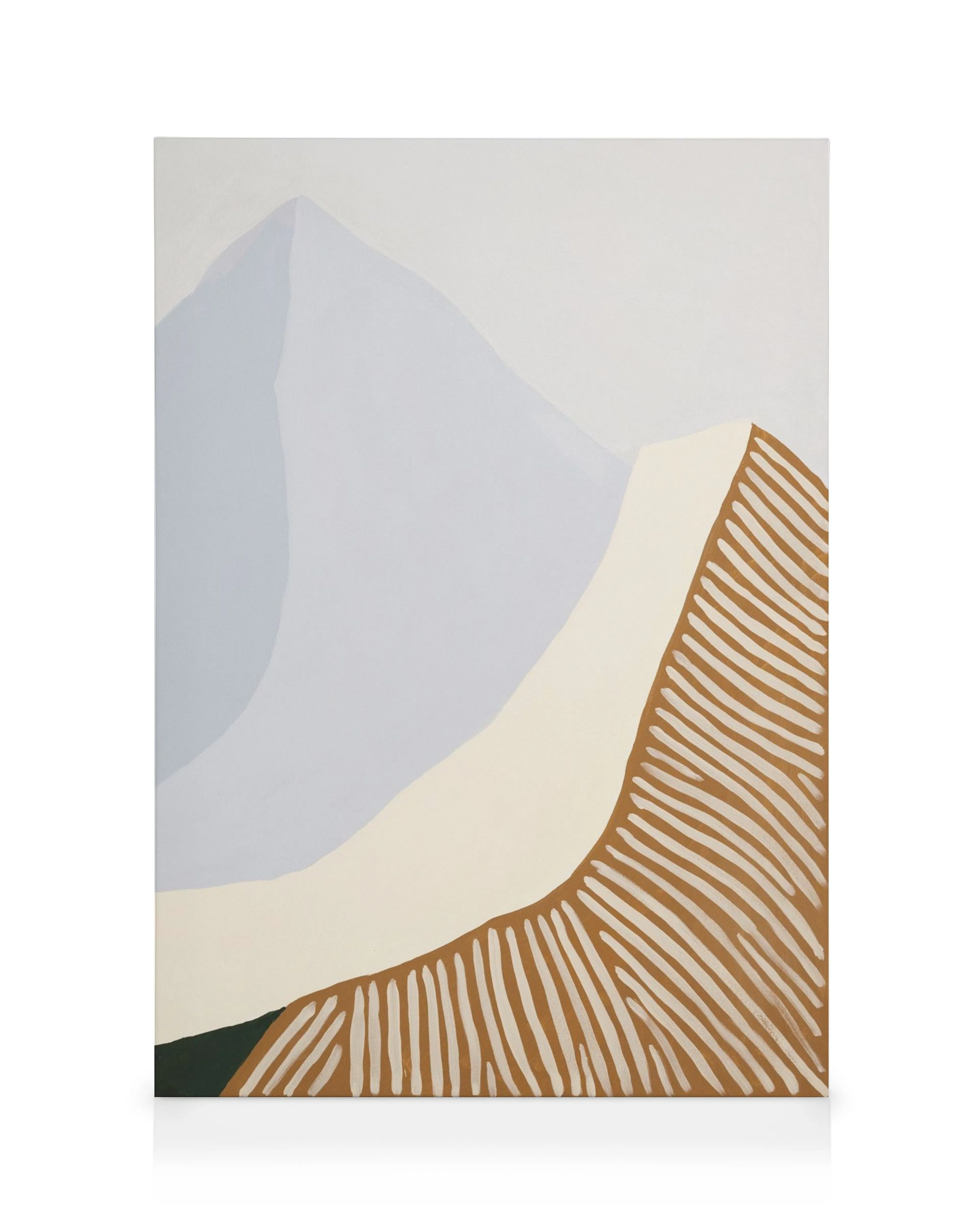 Abstract canvas met overlappende vormen in beige, wit, blauw en groen op witte achtergrond.
