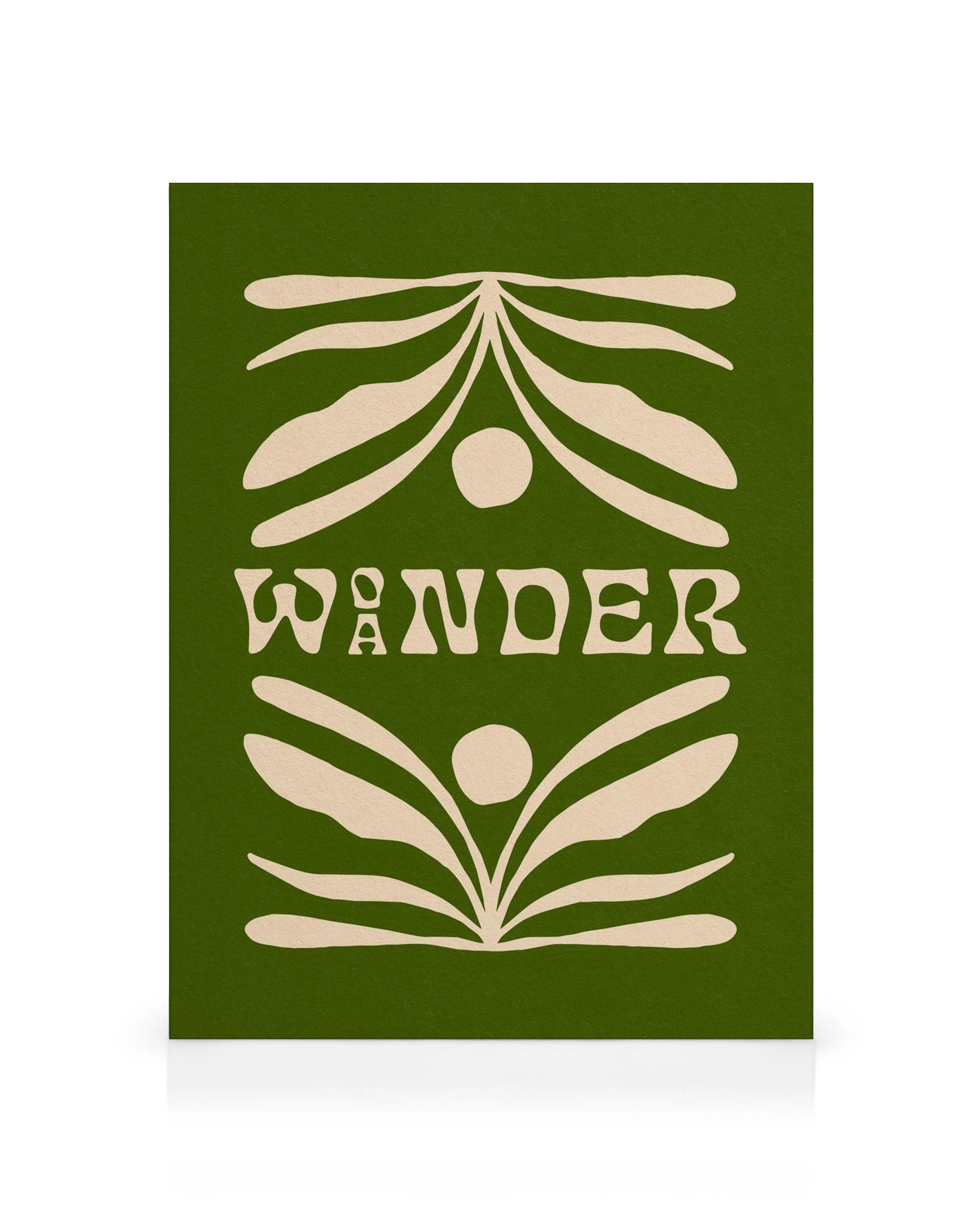 Woander olive green canvas print with decorative white leaf shapes and text