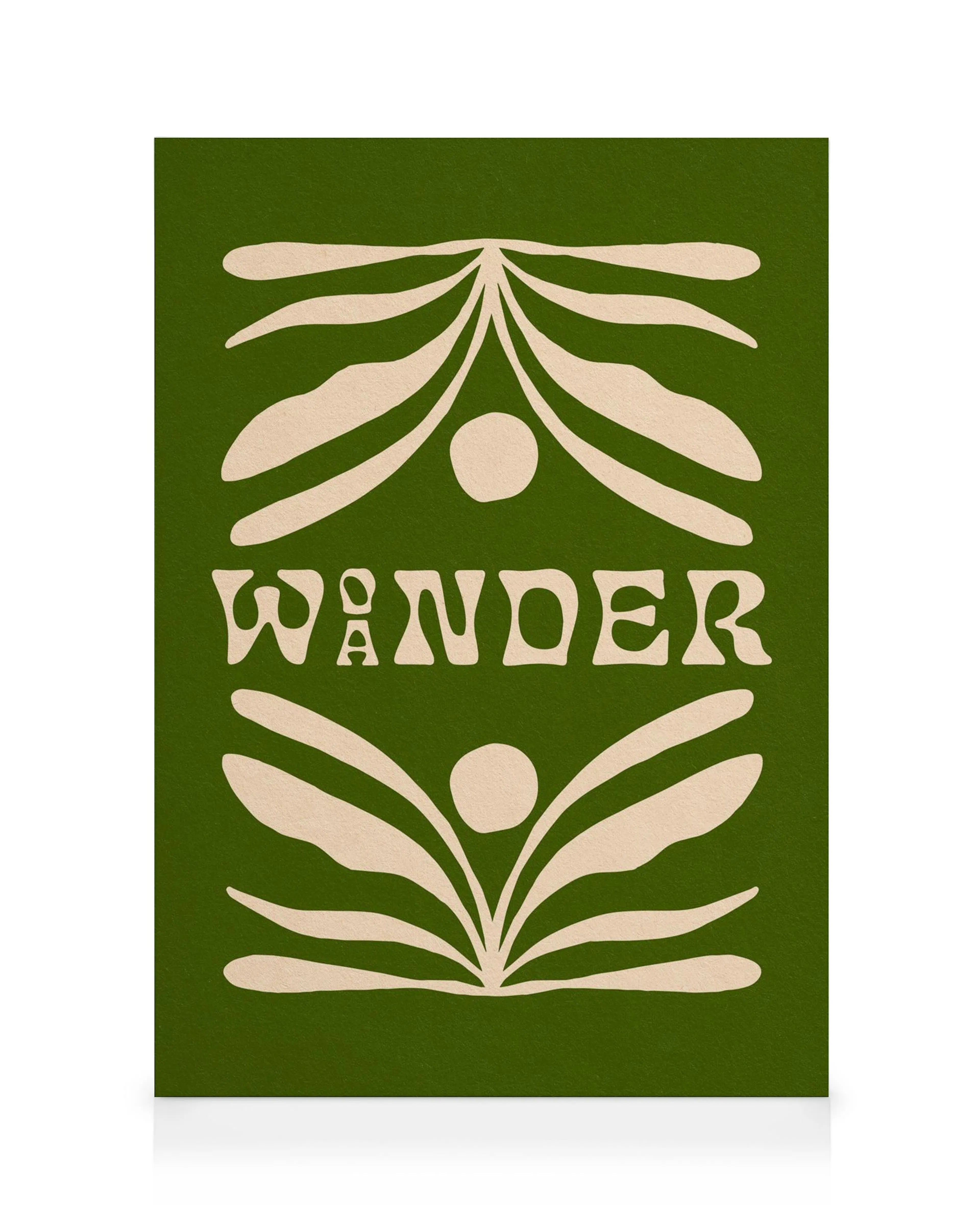 Leinwandbild mit weißen Blattformen und dem Wort Woander auf olivgrünem Hintergrund, Naturmotiv.