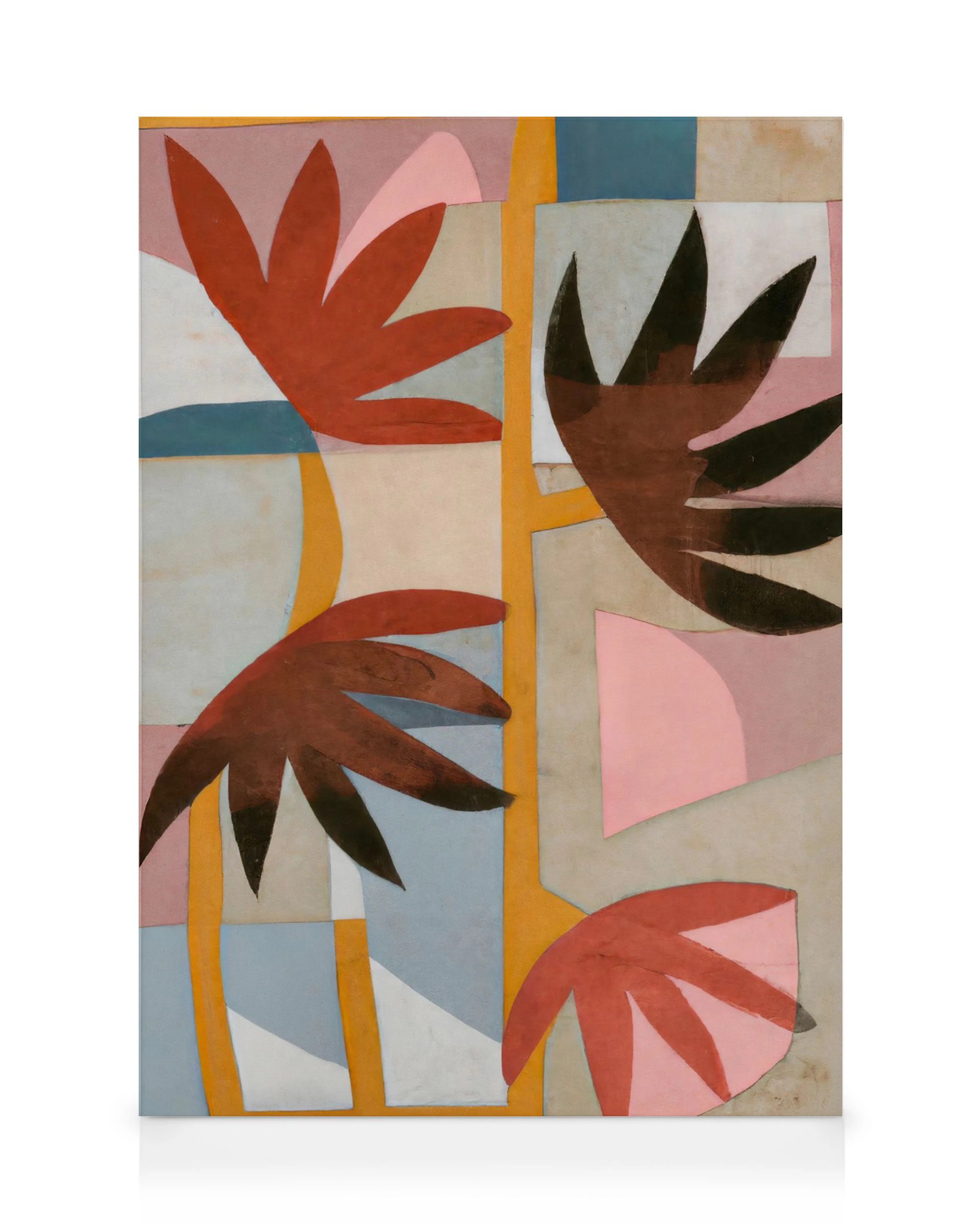 A canvas print featuring abstract brown and red palm-like shapes on a background of yellow, blue, and pink blocks.