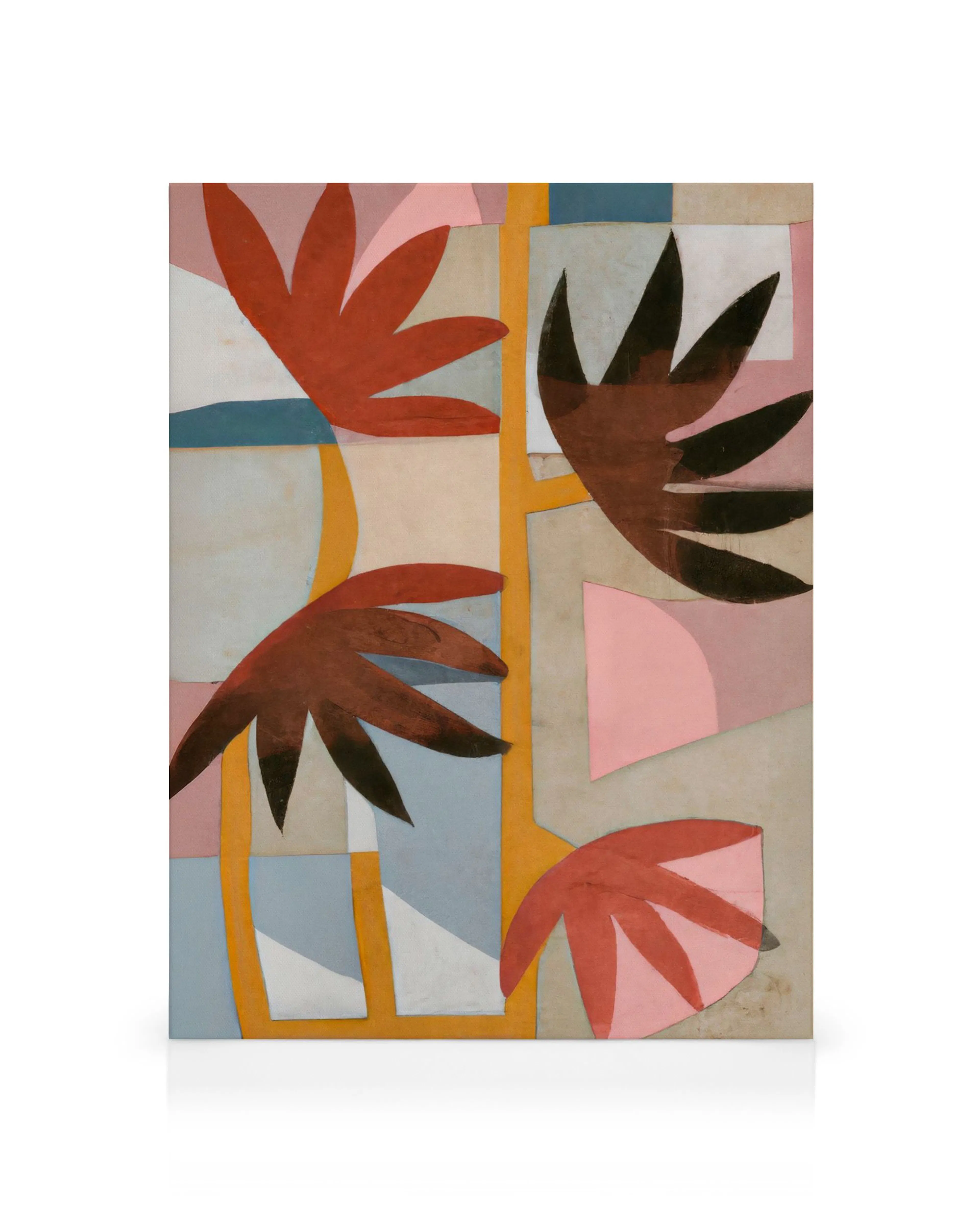 Abstract canvas met organische vormen in roodbruin, roze, blauw en beige, gescheiden door gele lijnen.