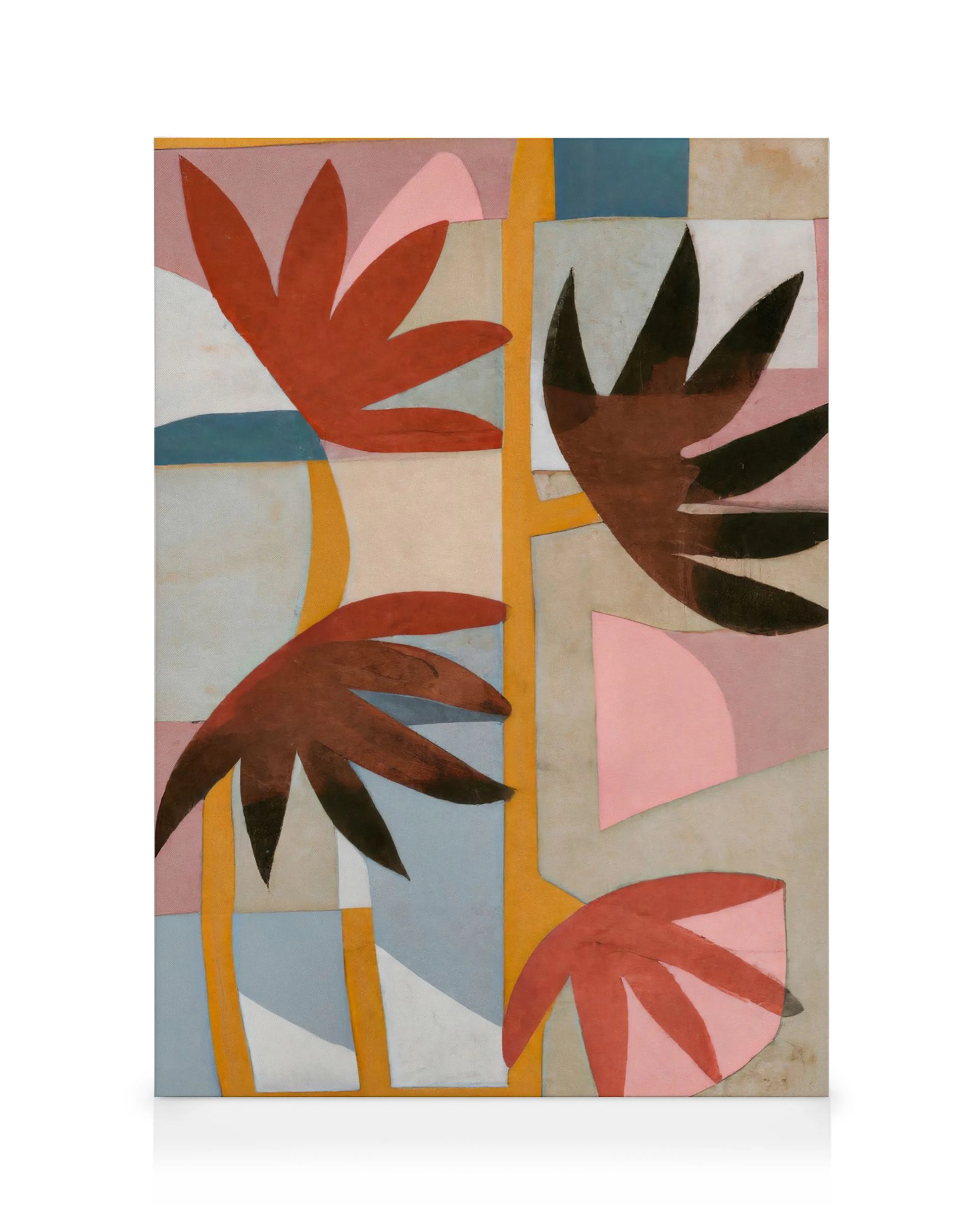 A canvas print featuring abstract brown and red palm-like leaves on a background of yellow, blue, and pink shapes.