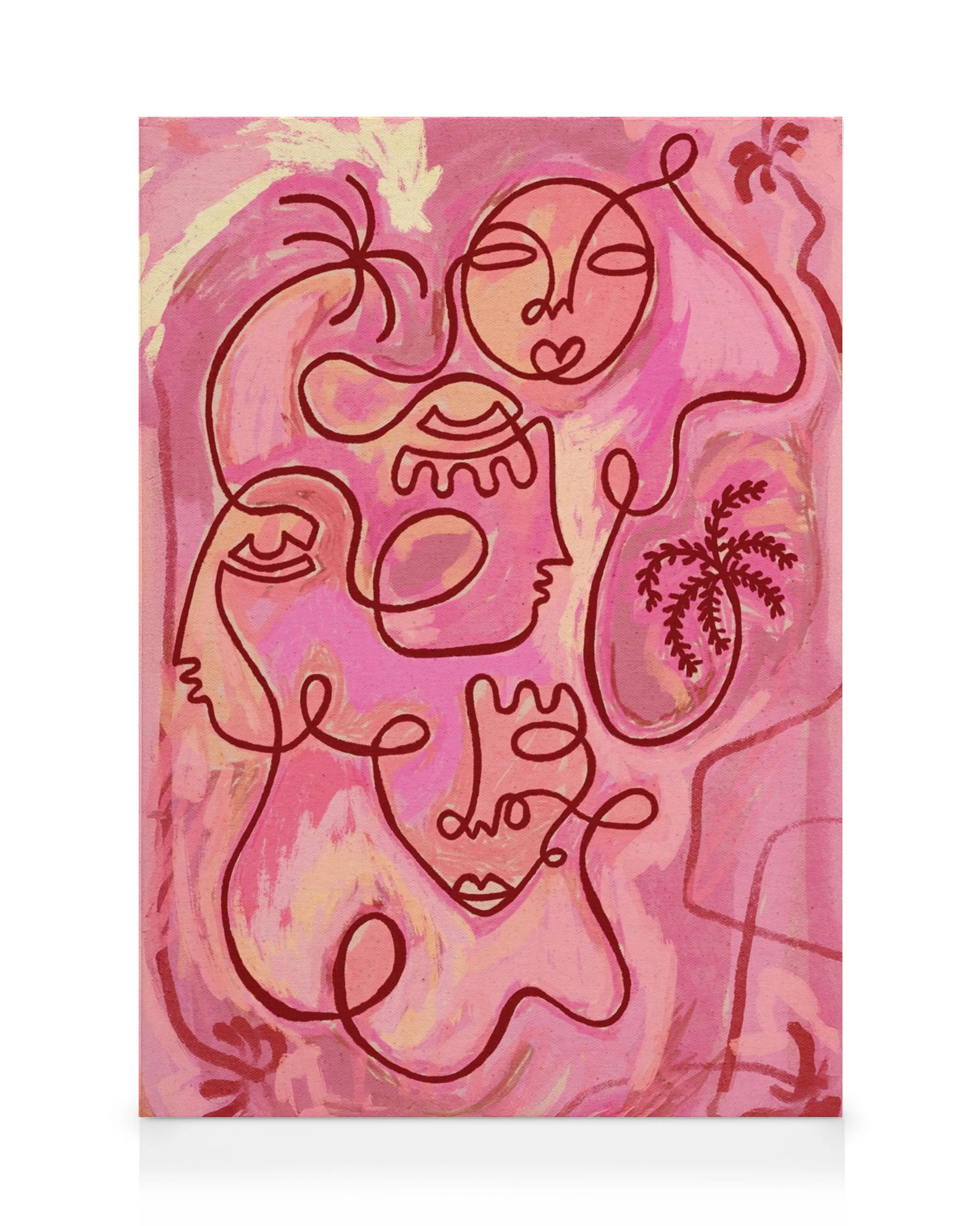 A canvas print featuring abstract line art faces in deep pink on a lighter pink and cream background.