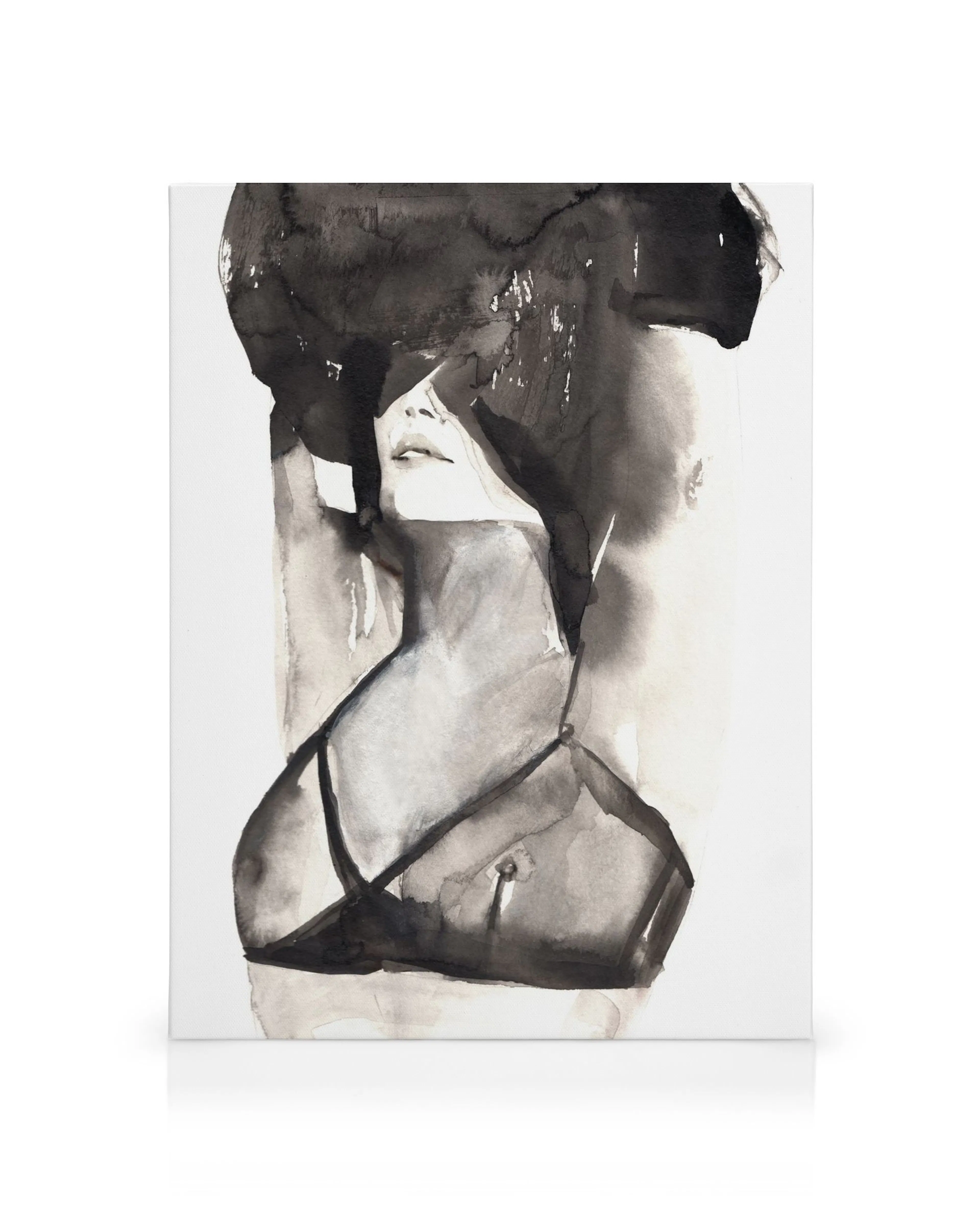 Black and grey watercolor canvas print of a woman with head tilted back, textured brushstrokes