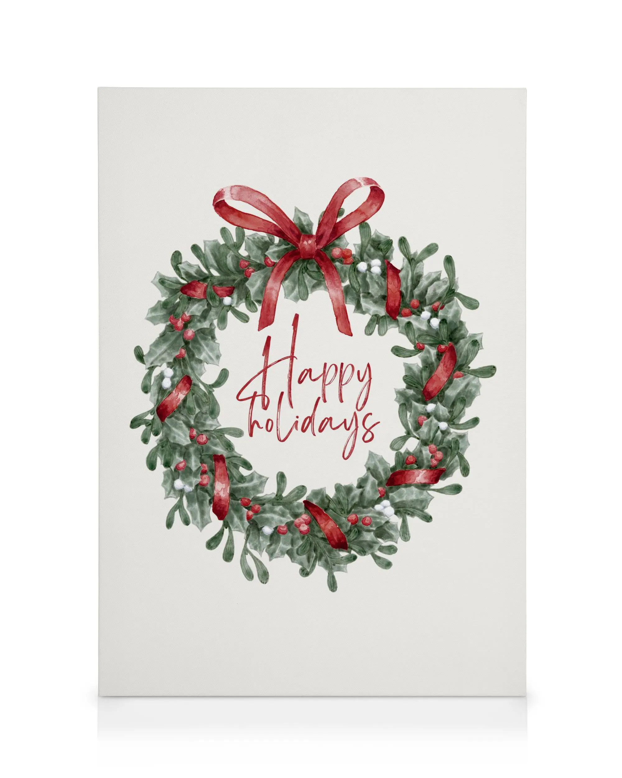 Lærred med julekrans i akvarel, grønne blade, røde bær, hvide misteltenbær og sløjfe. Rød tekst Happy Holidays.