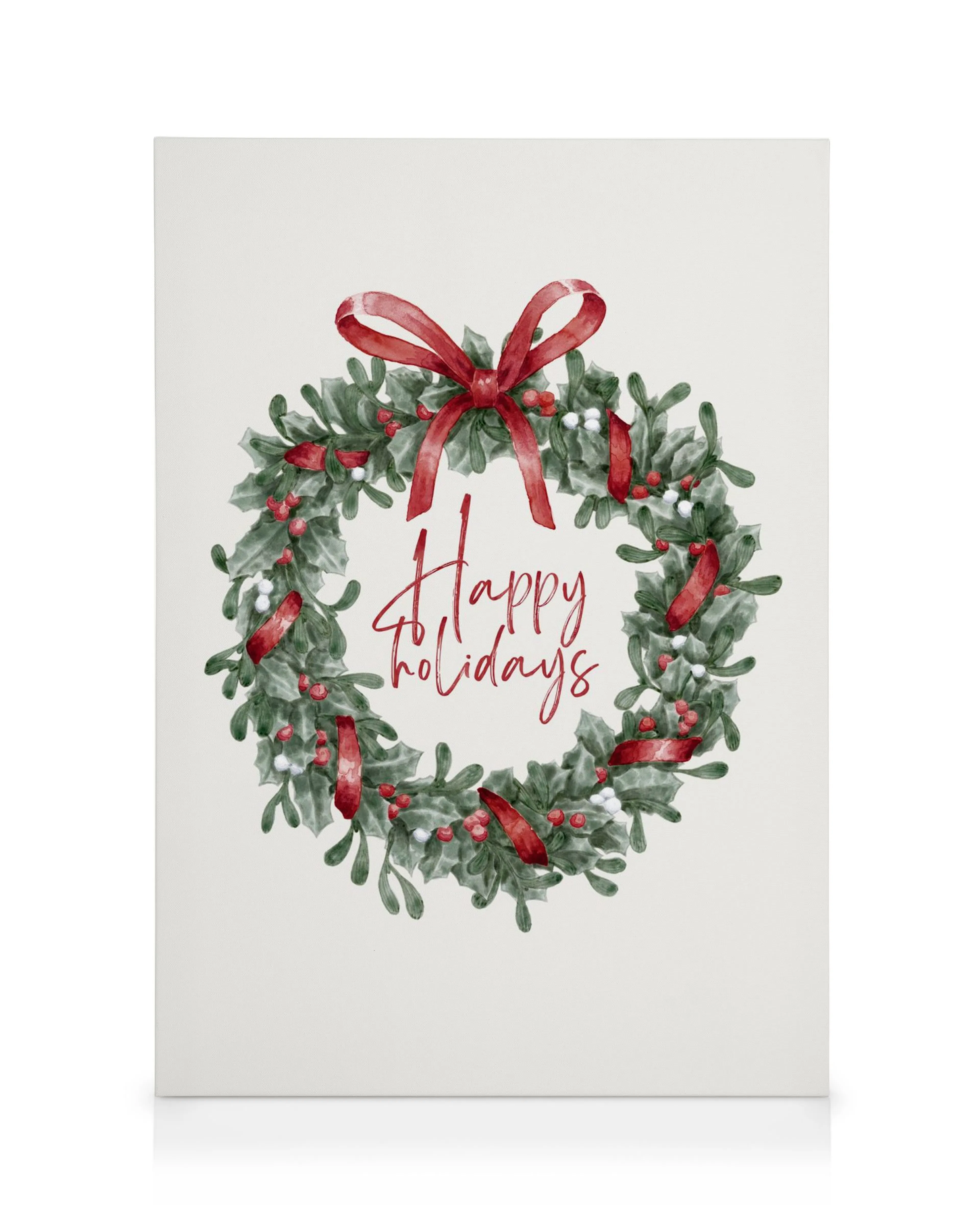 Lærred med julekrans i akvarel, grønne blade, røde bær, hvide misteltenbær og sløjfe. Rød tekst Happy Holidays.