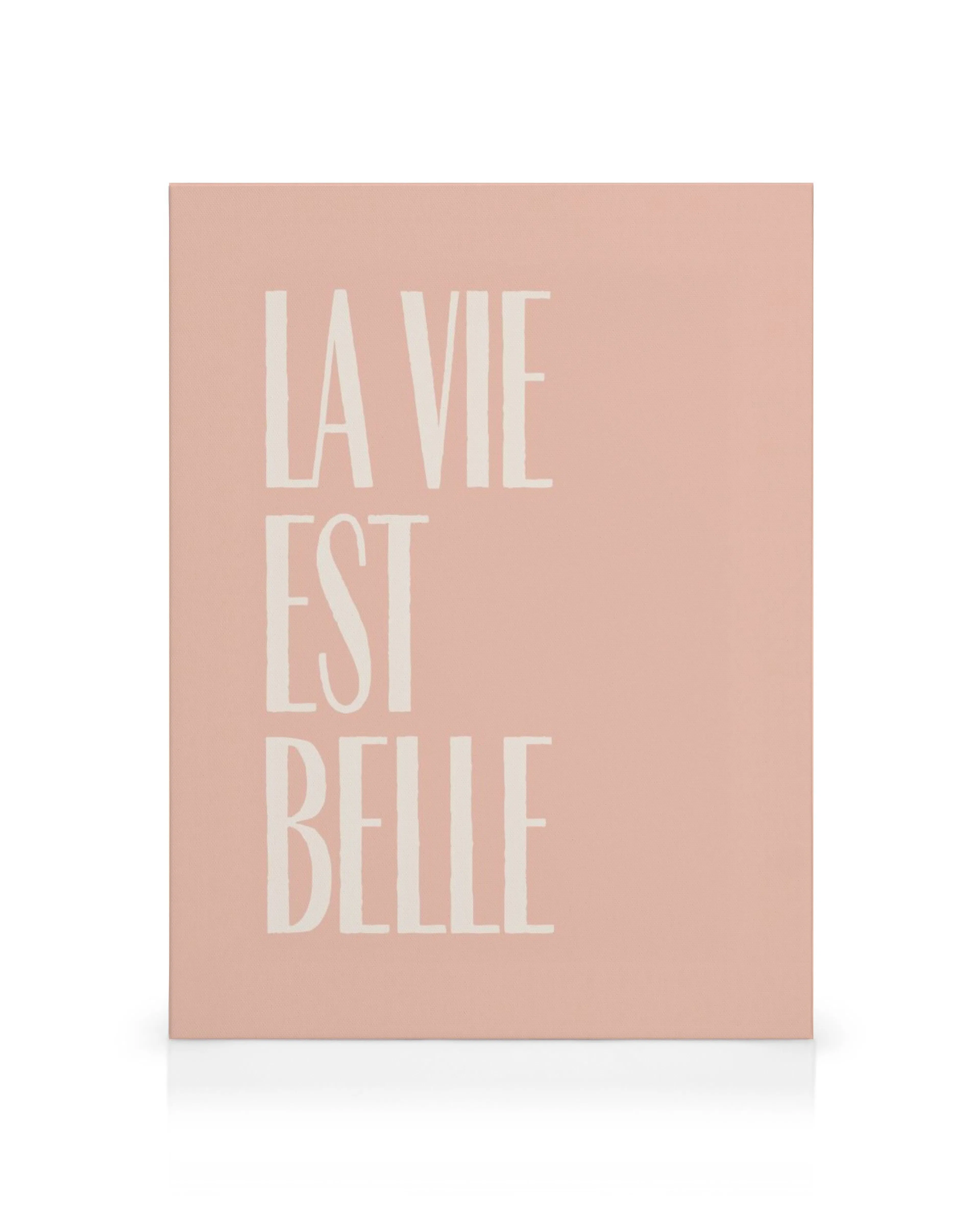 Pink canvas print with La Vie Est Belle in white sans-serif font, elegant text canvas print.