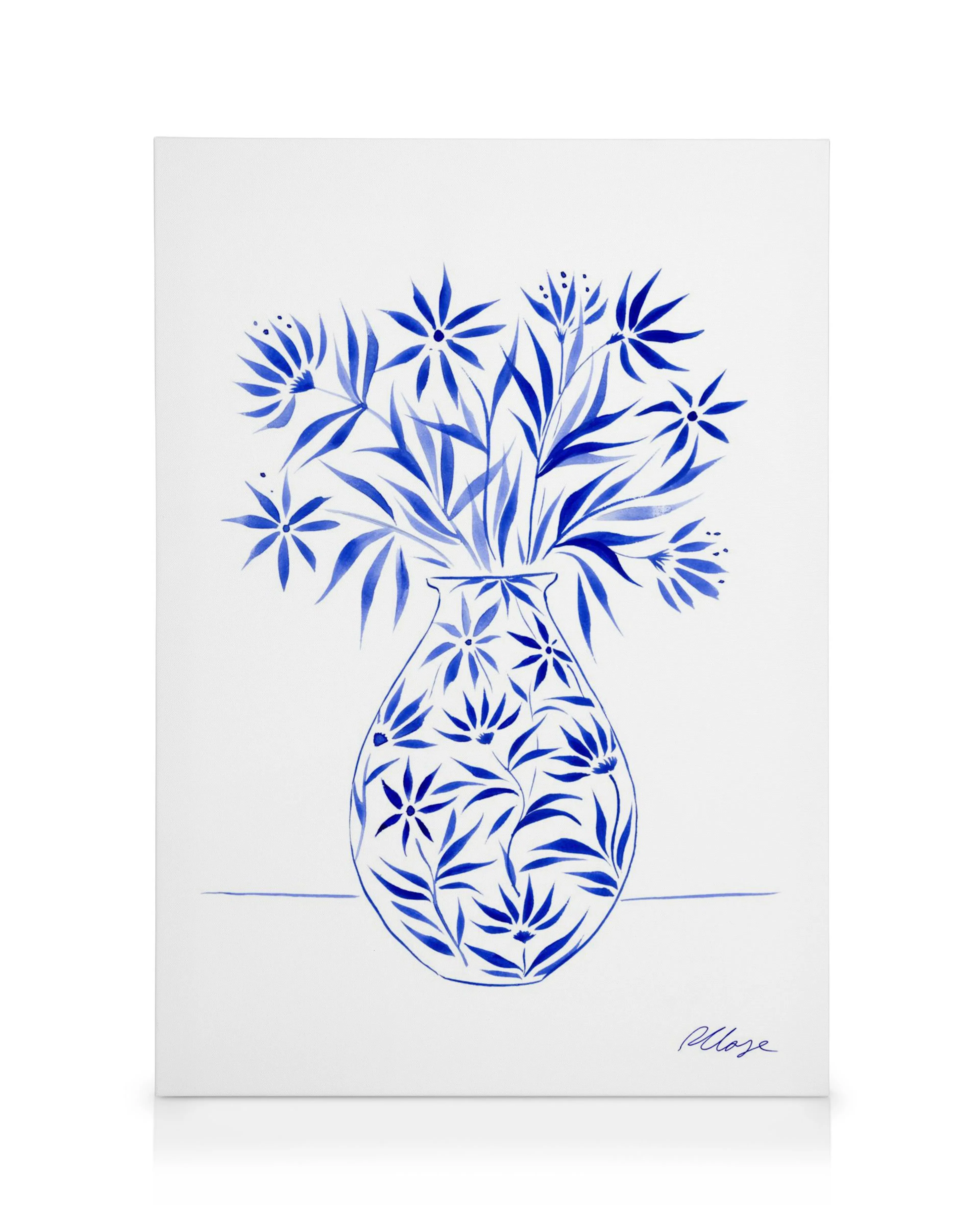 Toile Rosanna Corfe avec vase bleu et fleurs stylisées, illustration à lencre bleue sur fond blanc, art mural décoratif.