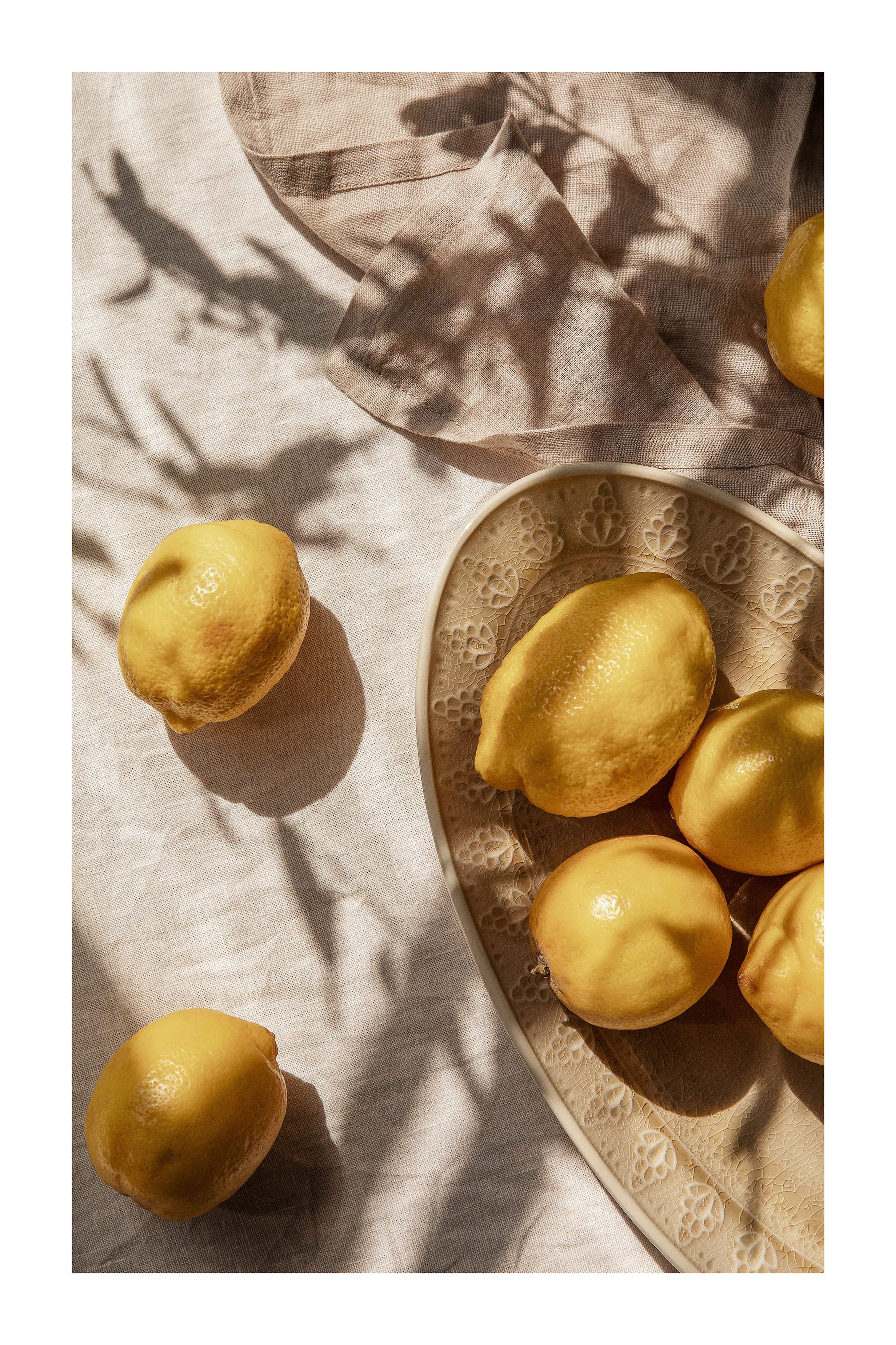 Lemons on a decorative plate, bathed in sunlight with leaf shadows, on a linen tablecloth.