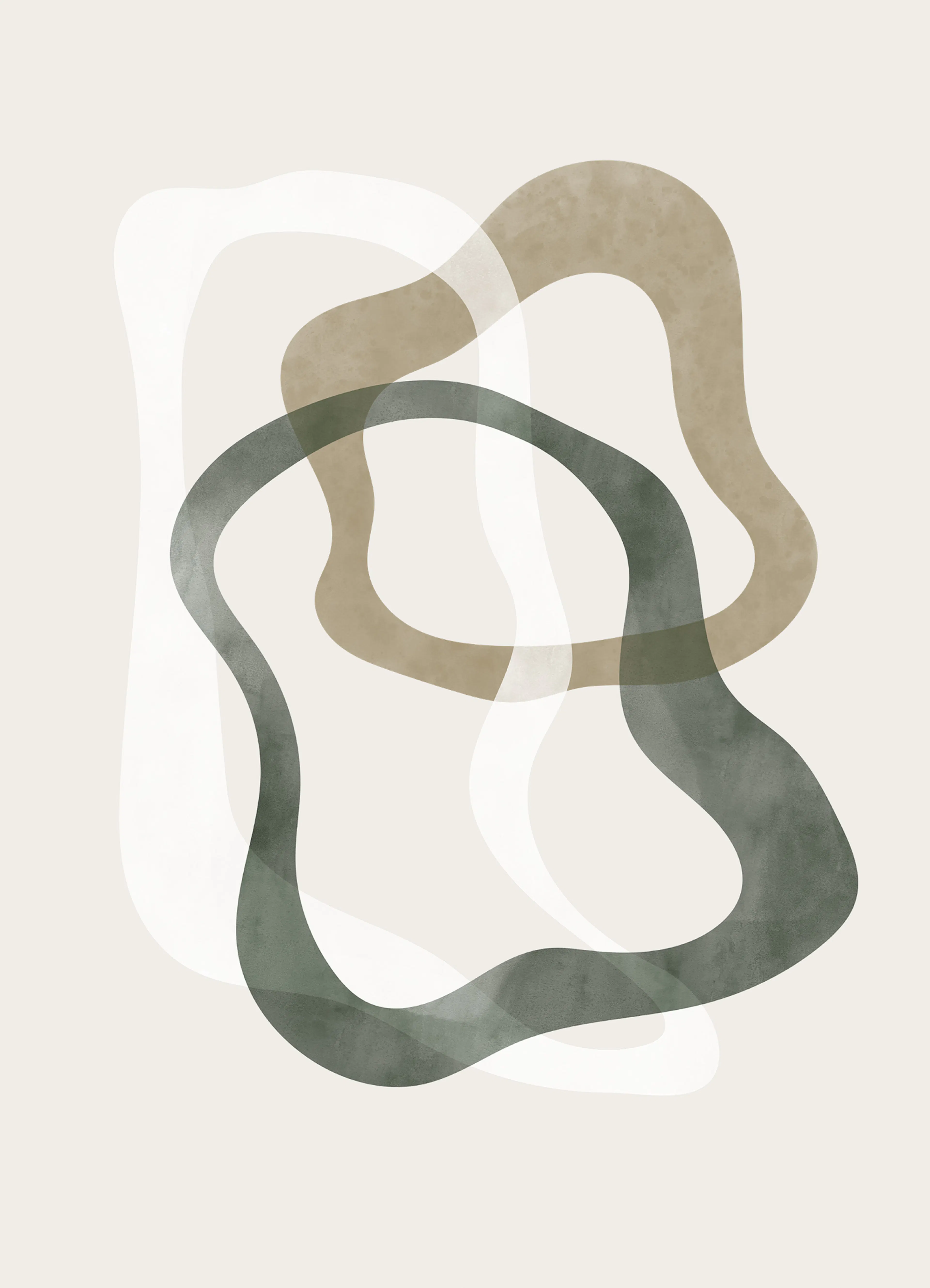 Abstrakt plakat med grønne, beige og offwhite ujevne sirkler på lys beige bakgrunn.