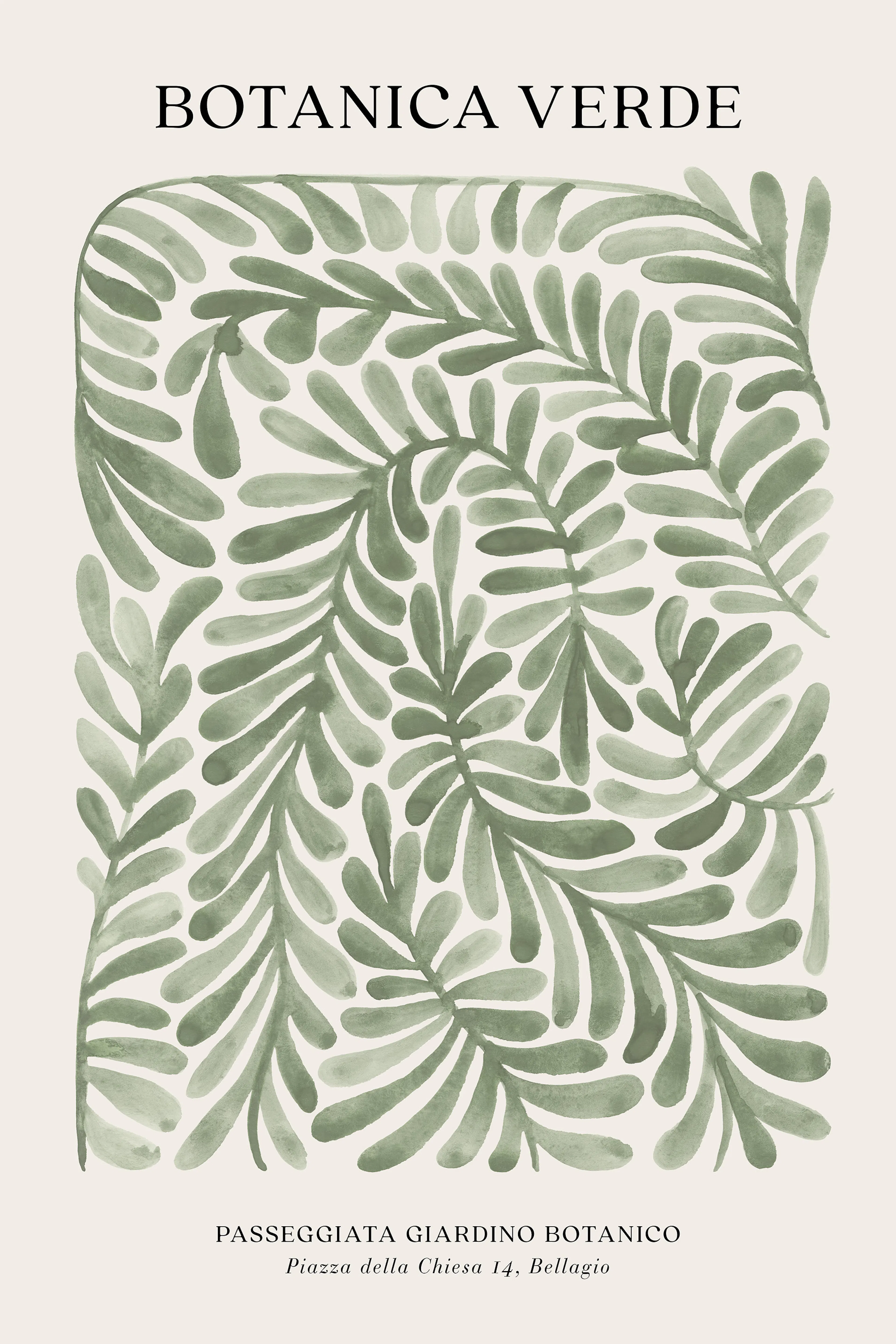 Botanical poster with a pattern of green leaves on a light background, featuring Botanica Verde text.