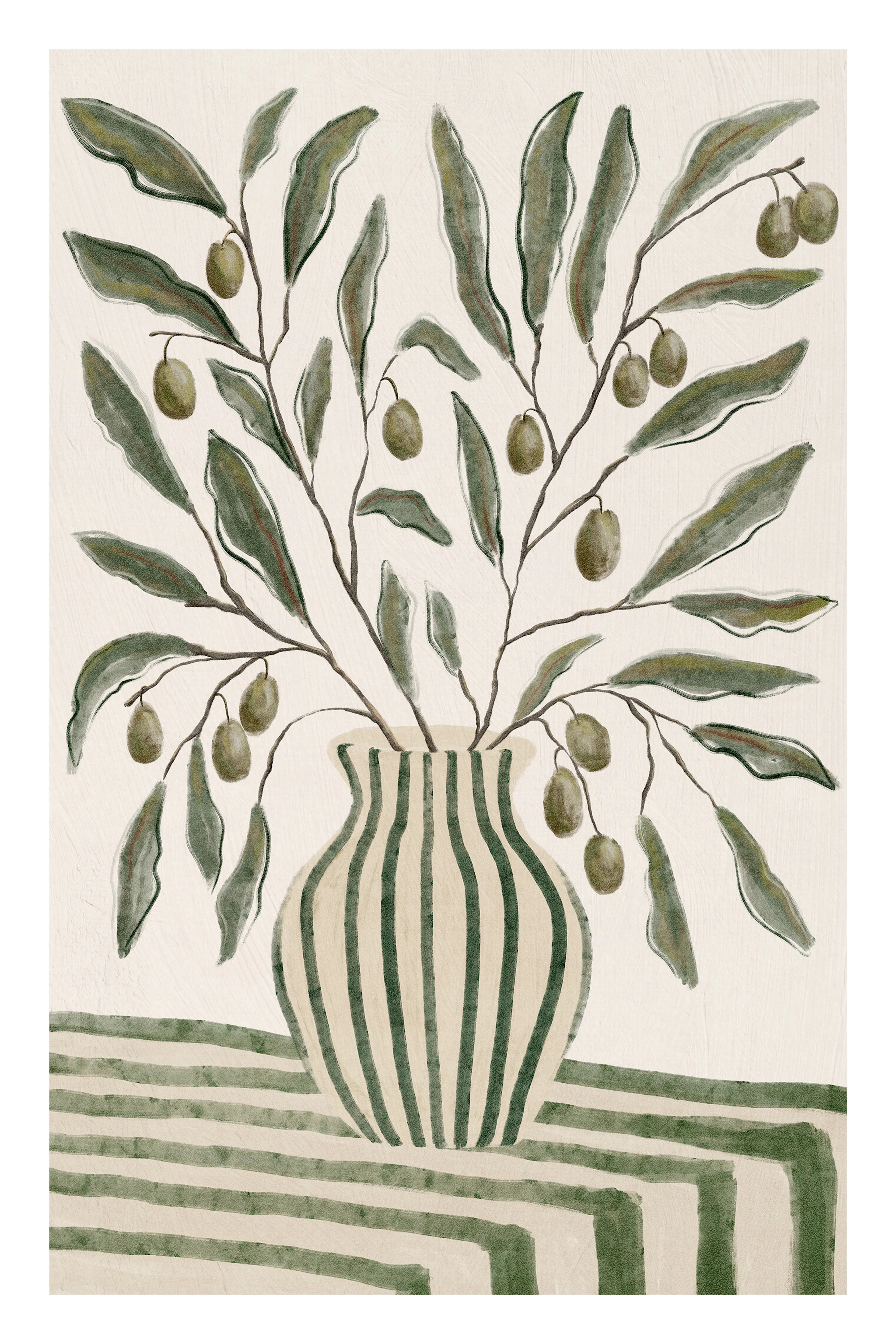 Affiche botanique avec branches dolivier dans un vase rayé sur une table, typographie verte et beige