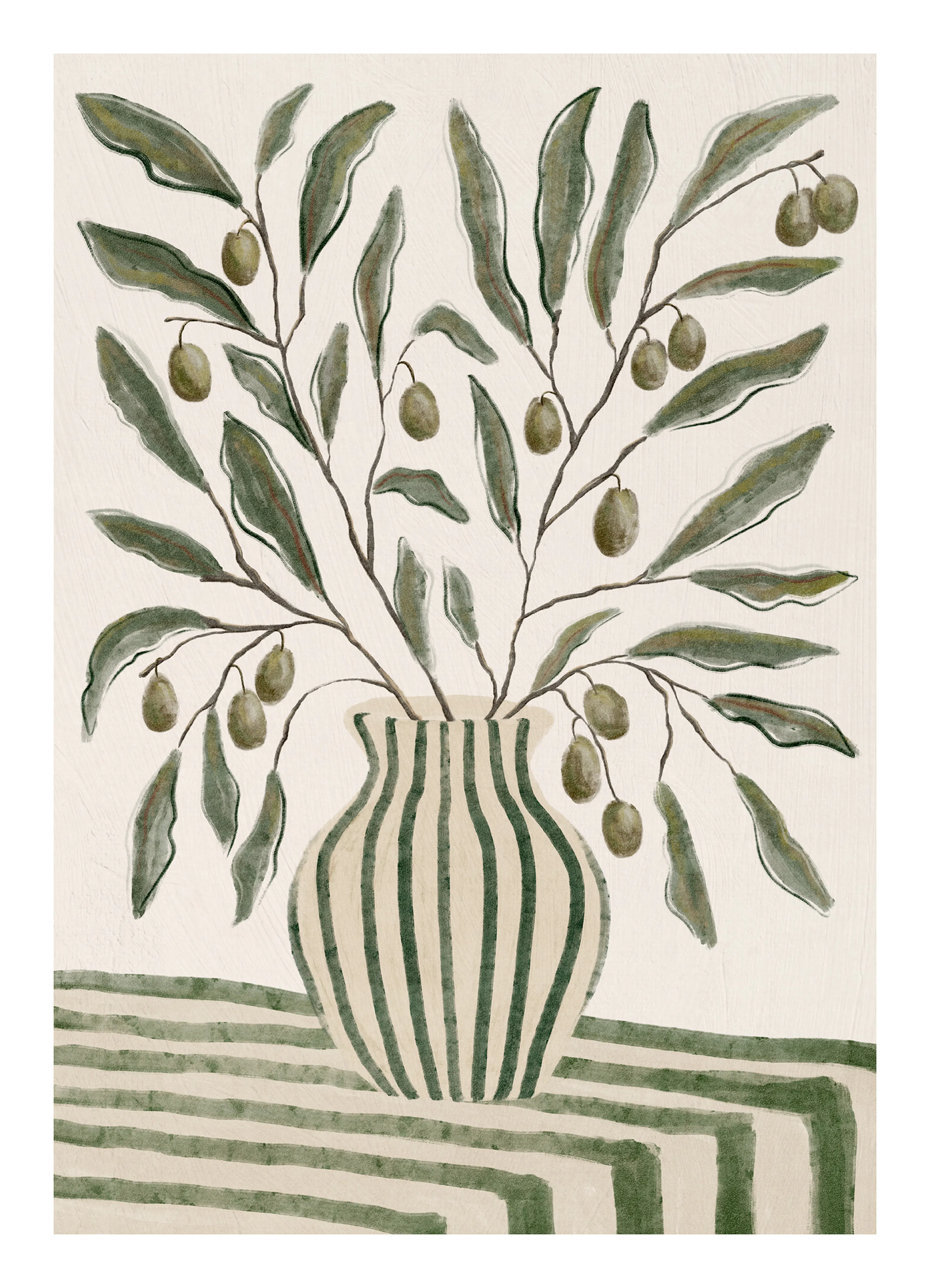Botanic olive branches and olives in a striped vase poster print
