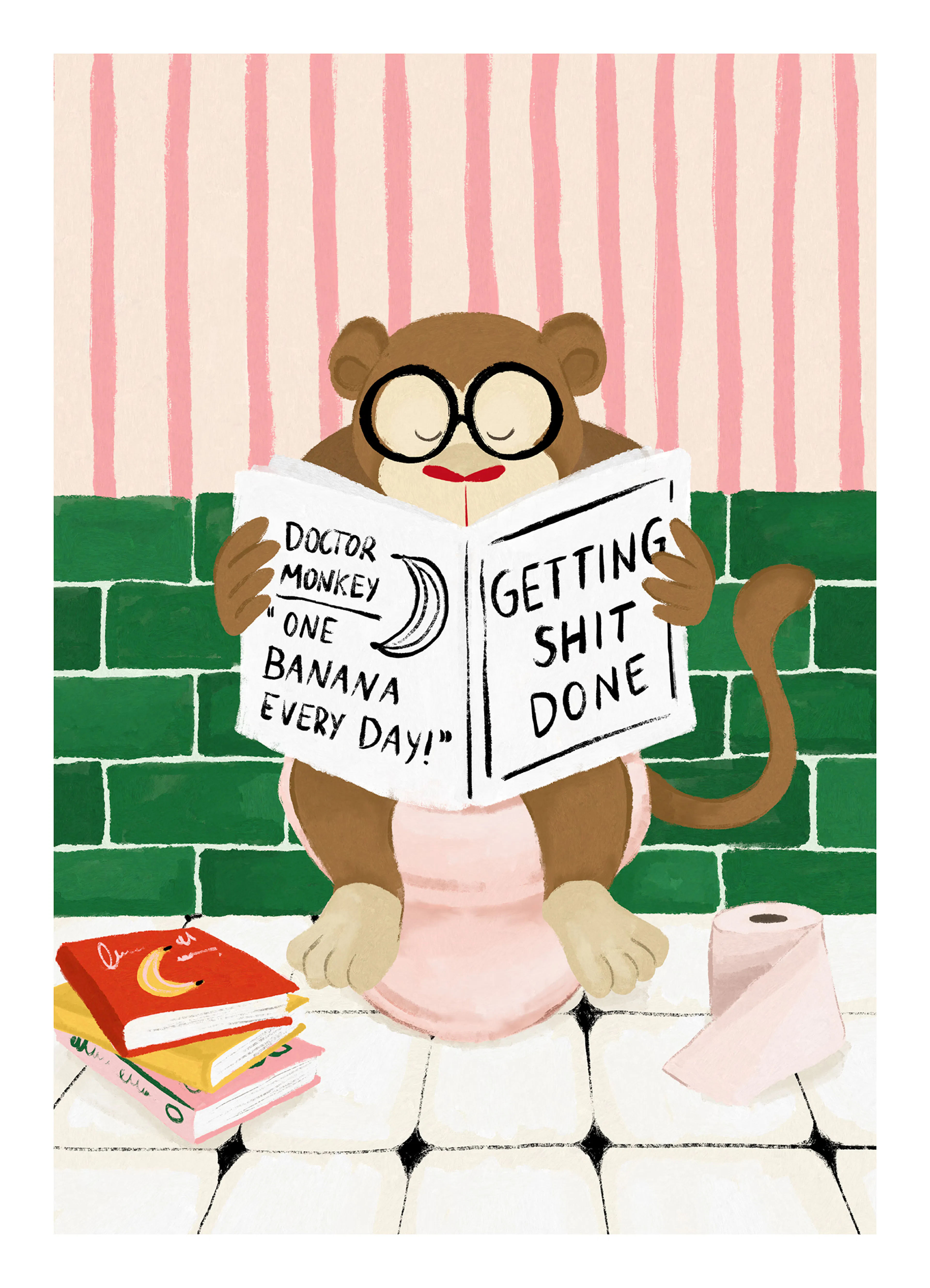 Aap met bril leest boek op toilet, roze en groene badkamerachtergrond met boeken en wc-papier.